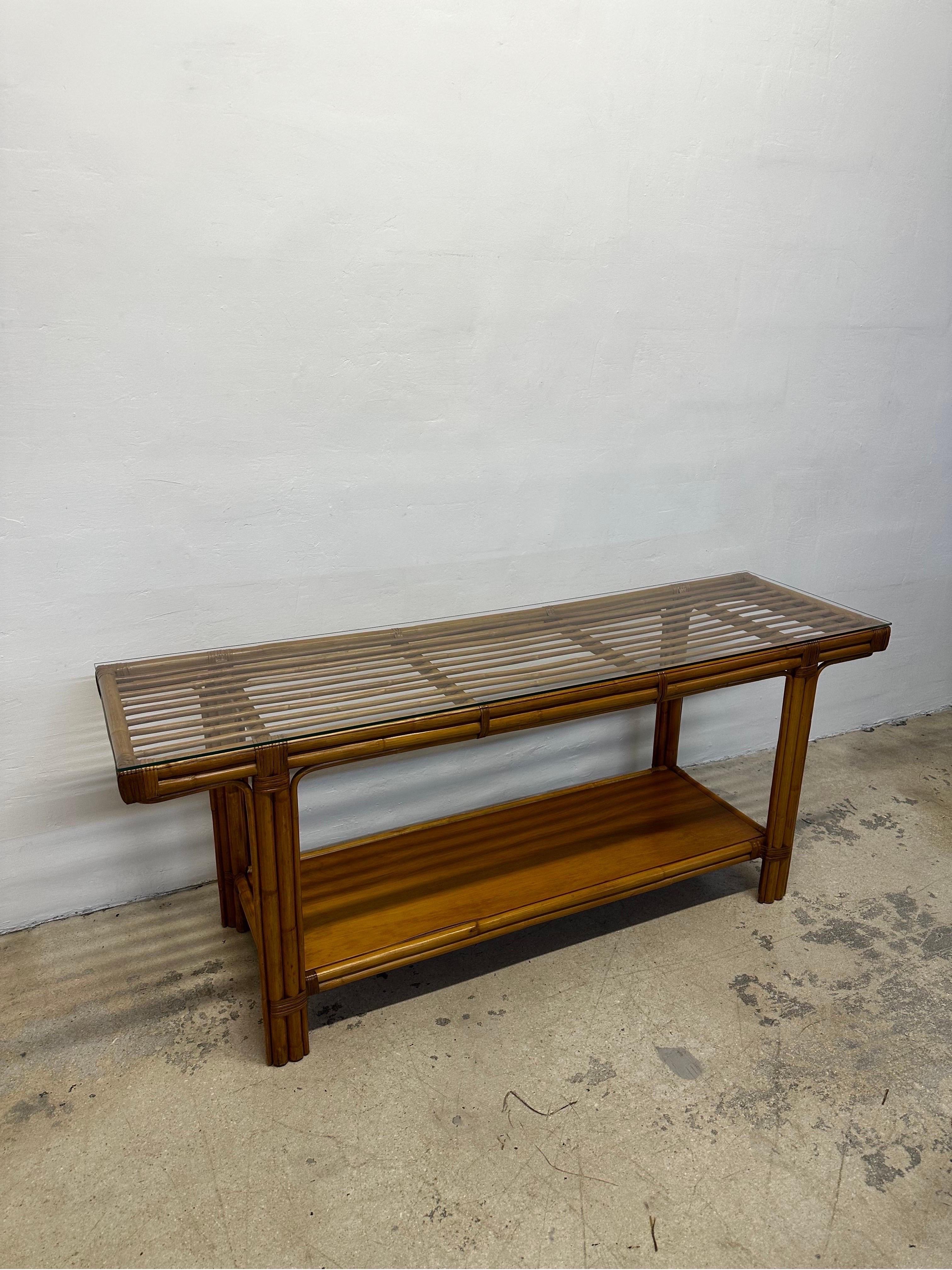 Mid-Century Modern Mid-Century Calif-Asia Bamboo and Glass Top Console Table, 1970s For Sale