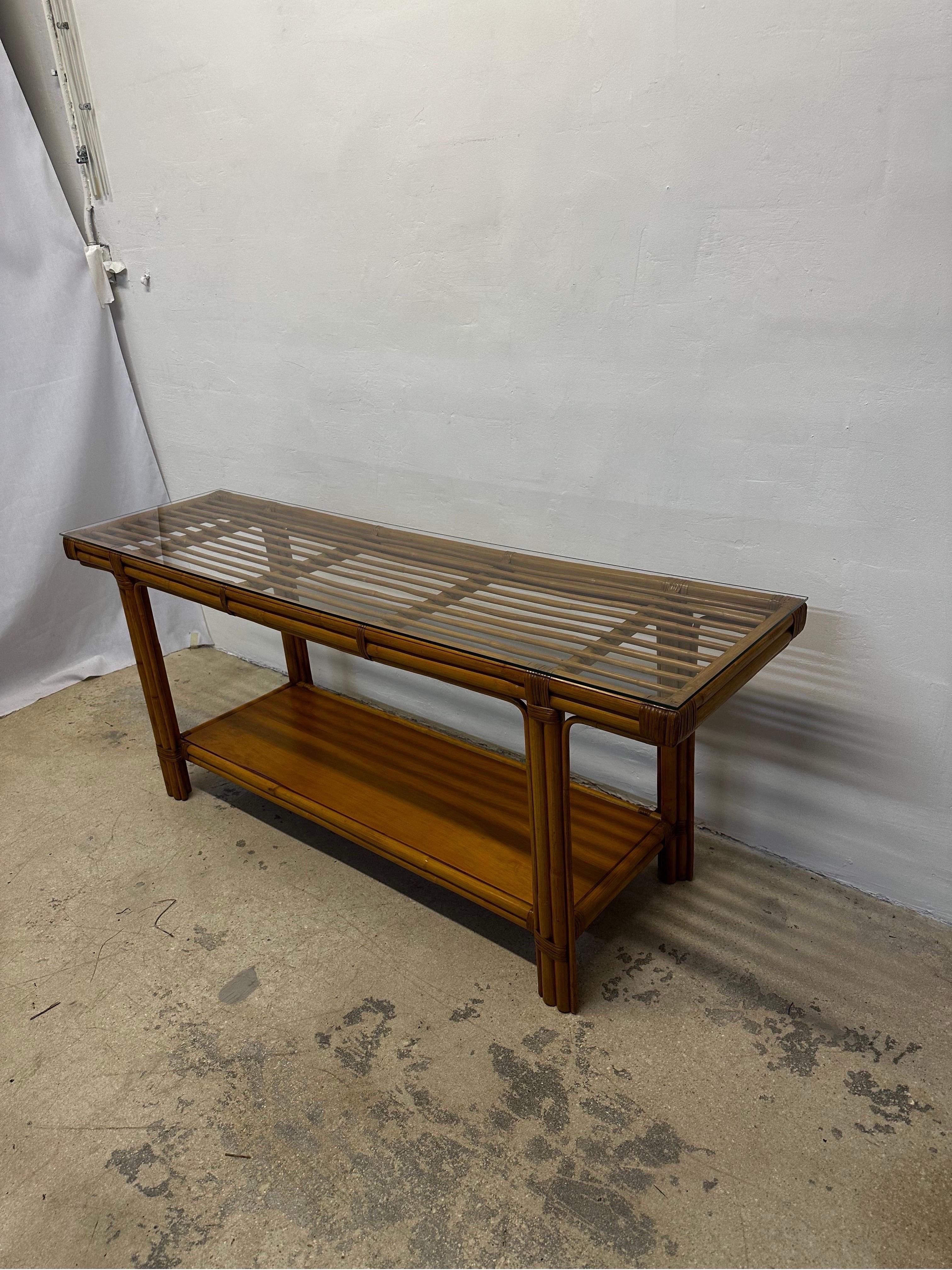 Philippine Mid-Century Calif-Asia Bamboo and Glass Top Console Table, 1970s For Sale
