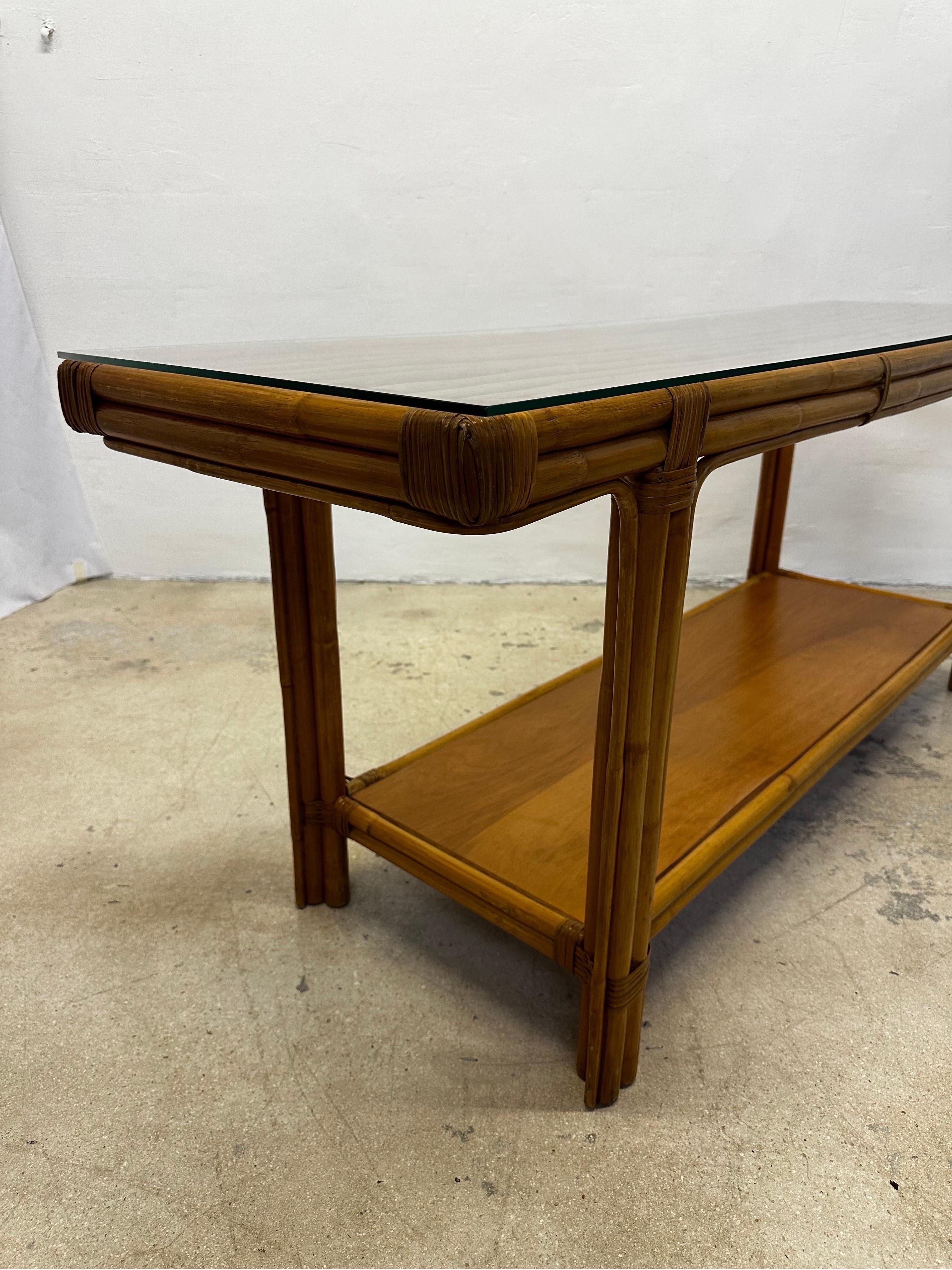 Mid-Century Calif-Asia Bamboo and Glass Top Console Table, 1970s For Sale 1
