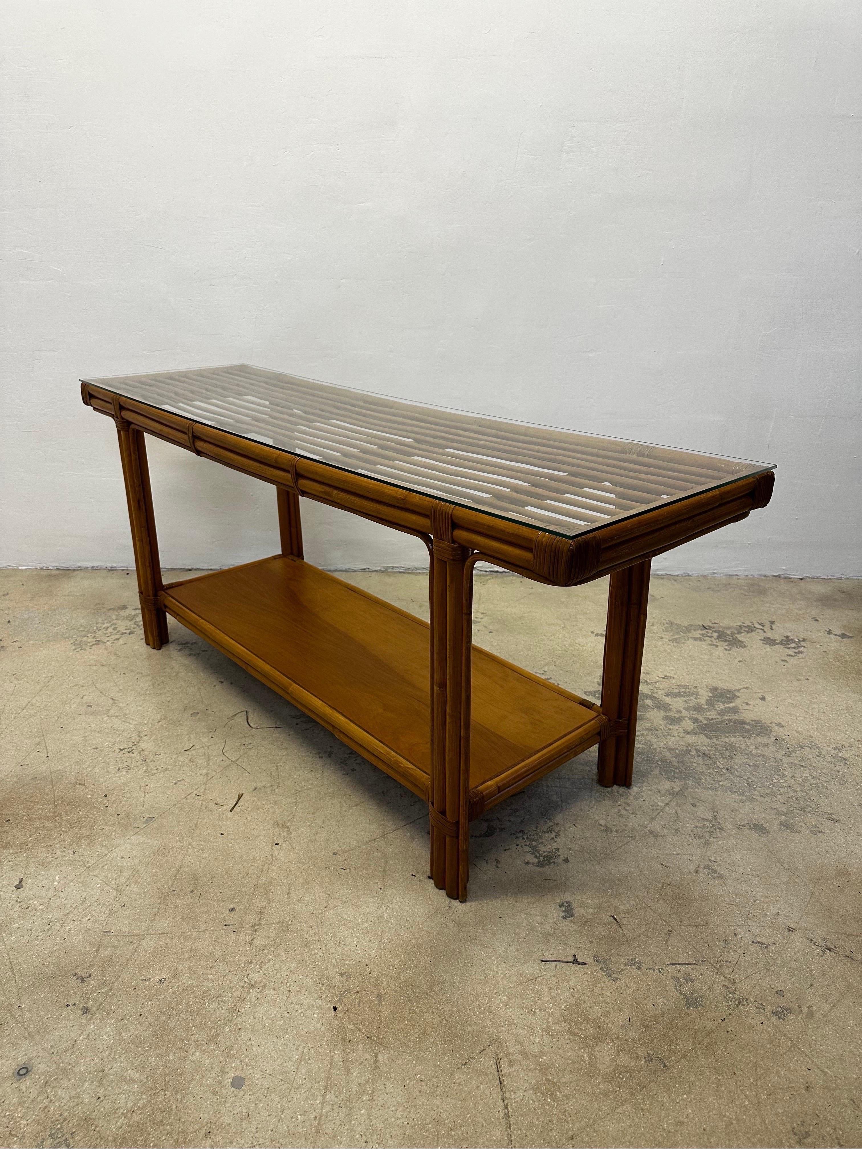 Mid-Century Calif-Asia Bamboo and Glass Top Console Table, 1970s For Sale 3