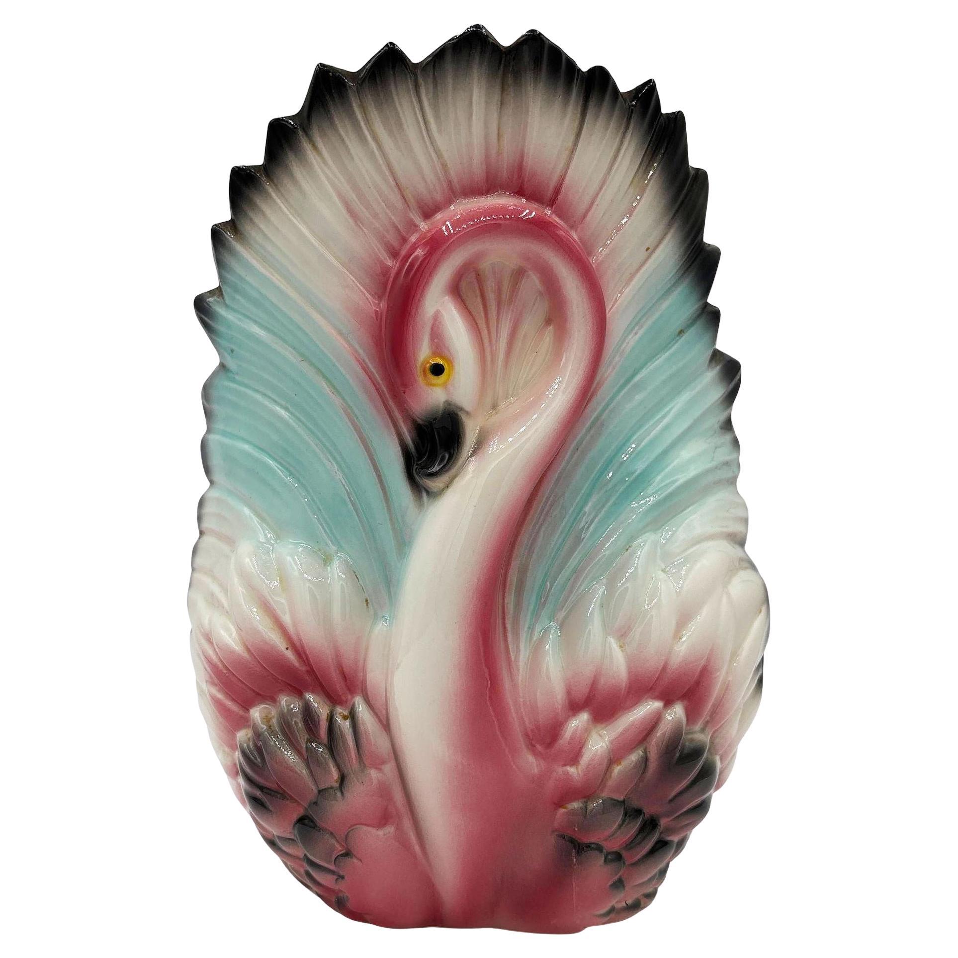 Mid-century California Ceramic Pottery Pink Flamingo w/ Open Wings TV Table Lamp For Sale