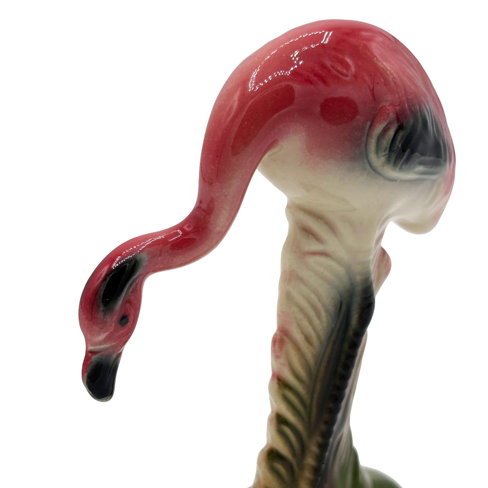 American Mid-century California Pottery Ceramic On The Prowl Pink Flamingo Figurine For Sale