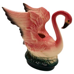 Mid-century California Pottery Ceramic Pink Flamingo Table Planter w/ Dark Base