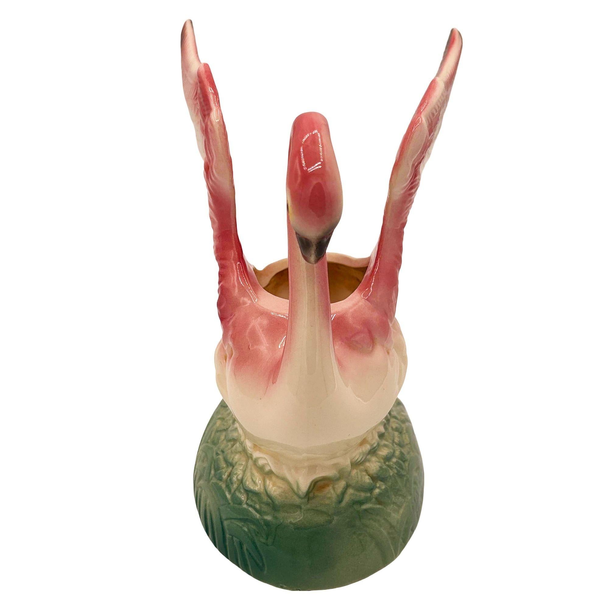 Mid-century California Pottery Ceramic Pink Flamingo Table Planter w/ Light Base For Sale 1