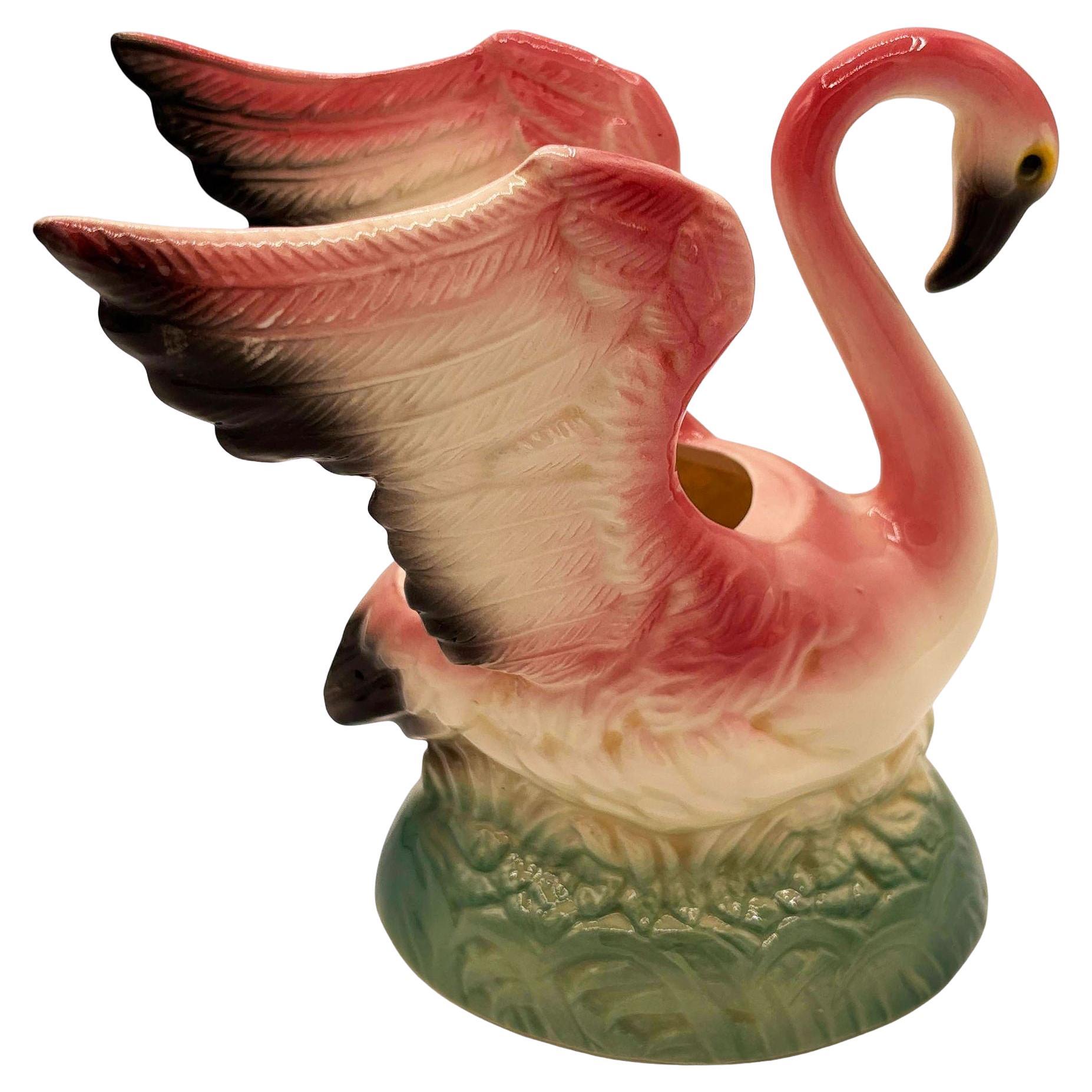 Mid-century California Pottery Ceramic Pink Flamingo Table Planter w/ Light Base For Sale