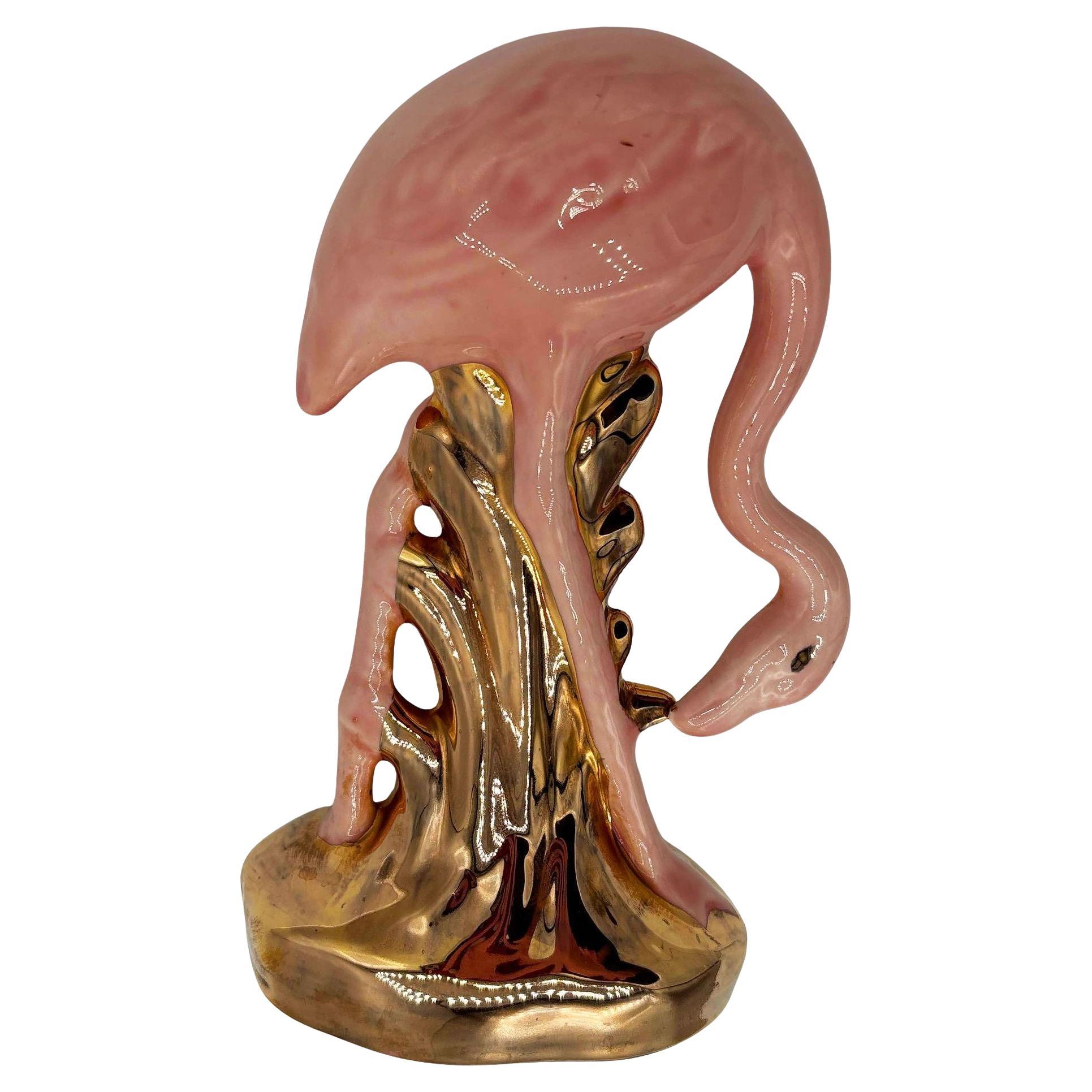 Mid-century California Pottery Ceramic Pink & Gold Flamingo Figurine