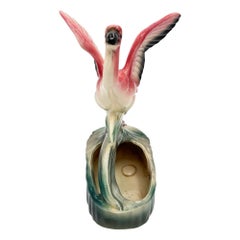 Mid-century California Pottery Ceramic Pink Open Wing Flamingo Table Planter