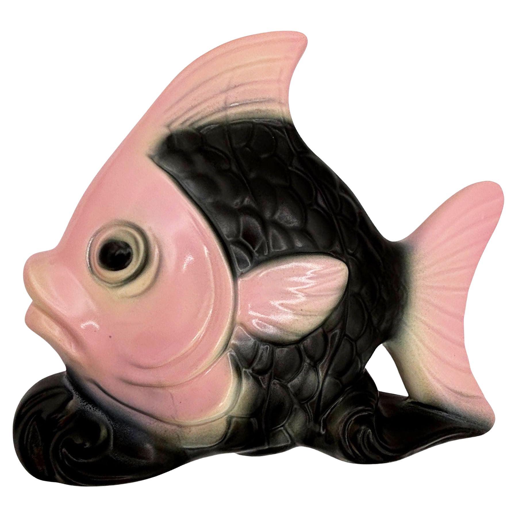 Mitte des Jahrhunderts California Pottery Rosa & Schwarz Keramik Engel Fisch Tasche Pflanzer im Angebot