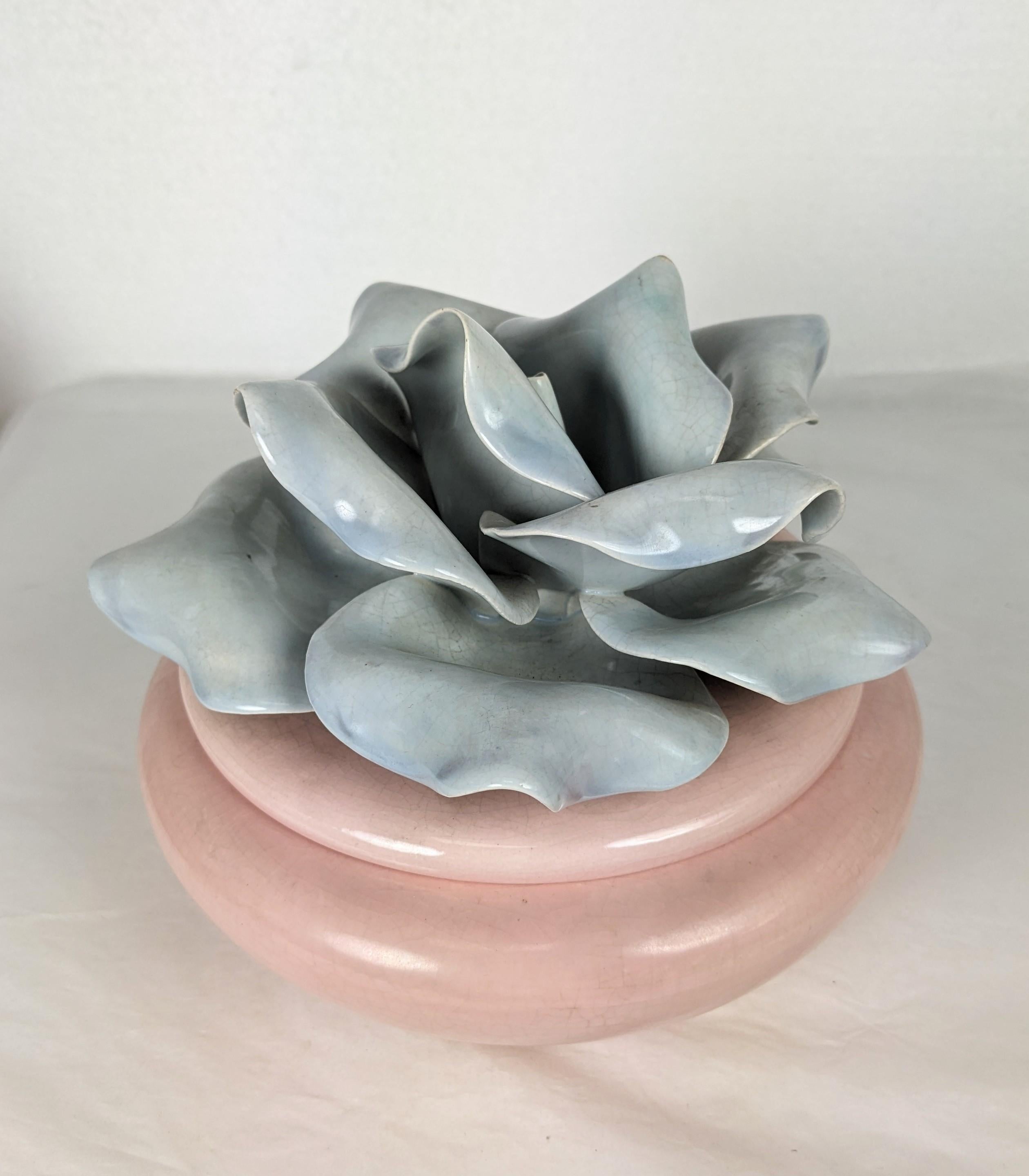 Amazing Mid Century California Pottery Rose Box from the 1950's. Massive hand formed gray pottery rose on a pink covered base. Largest one we have ever handled. 1950's USA. 