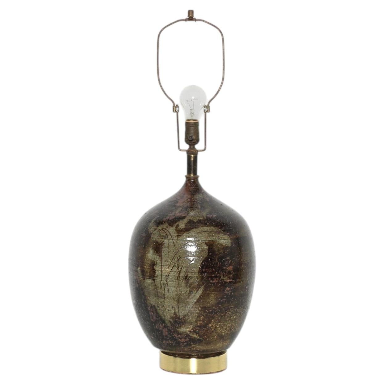 Mid-Century California Studio Pottery Ceramic Table Lamp, Shino Glaze