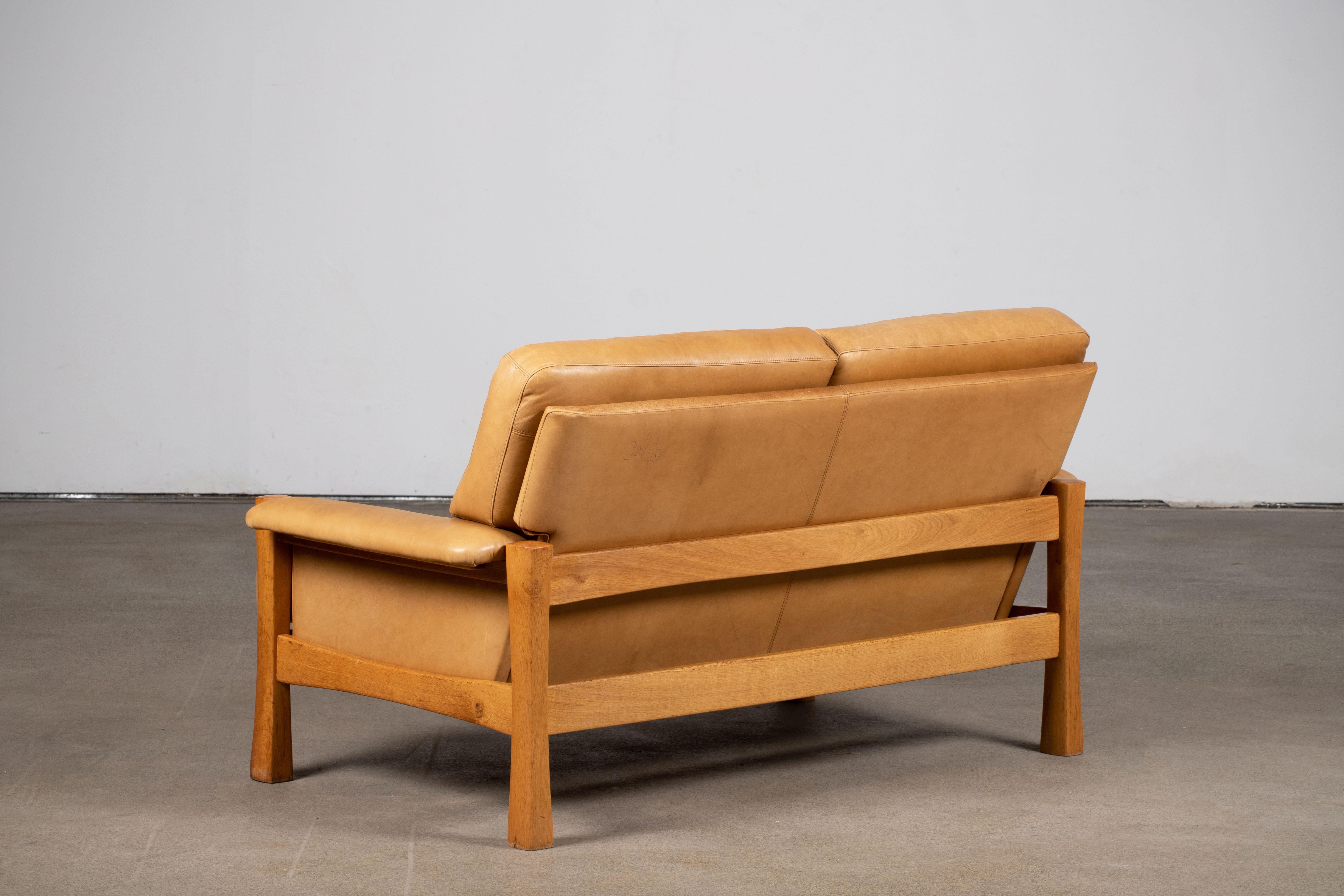 Mid-20th Century Mid-Century Camel Leather Sofa in Style of Pierre Chapo, 1960 For Sale