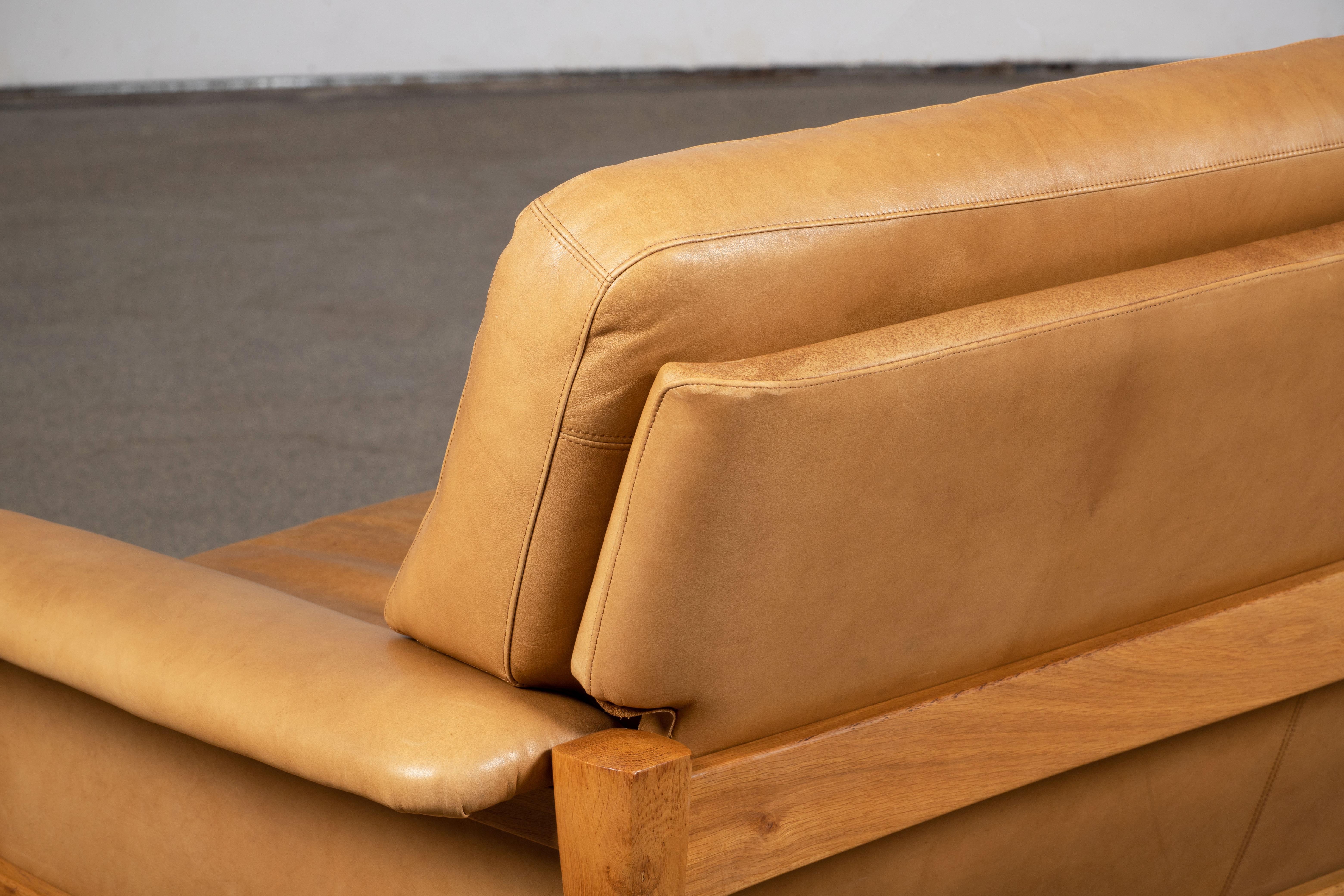 Mid-Century Camel Leather Sofa in Style of Pierre Chapo, 1960 For Sale 2