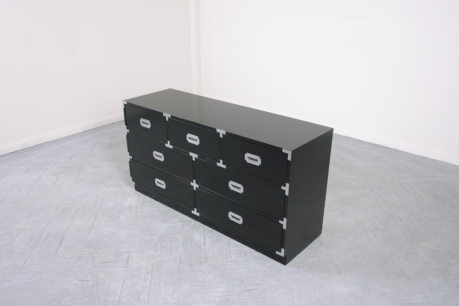 Late 20th Century Vintage Ebonized Campaign Chest of Drawers