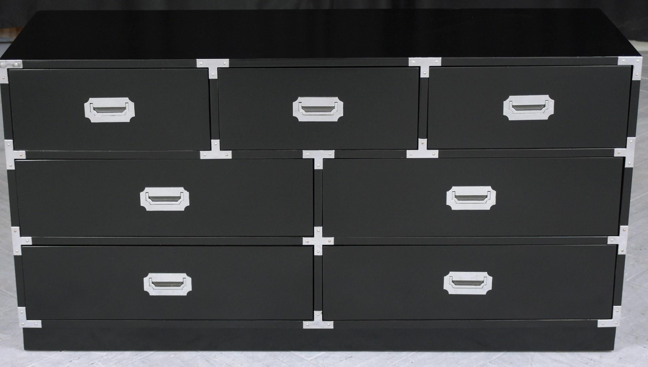 Mid-Century Modern Vintage Ebonized Campaign Chest of Drawers