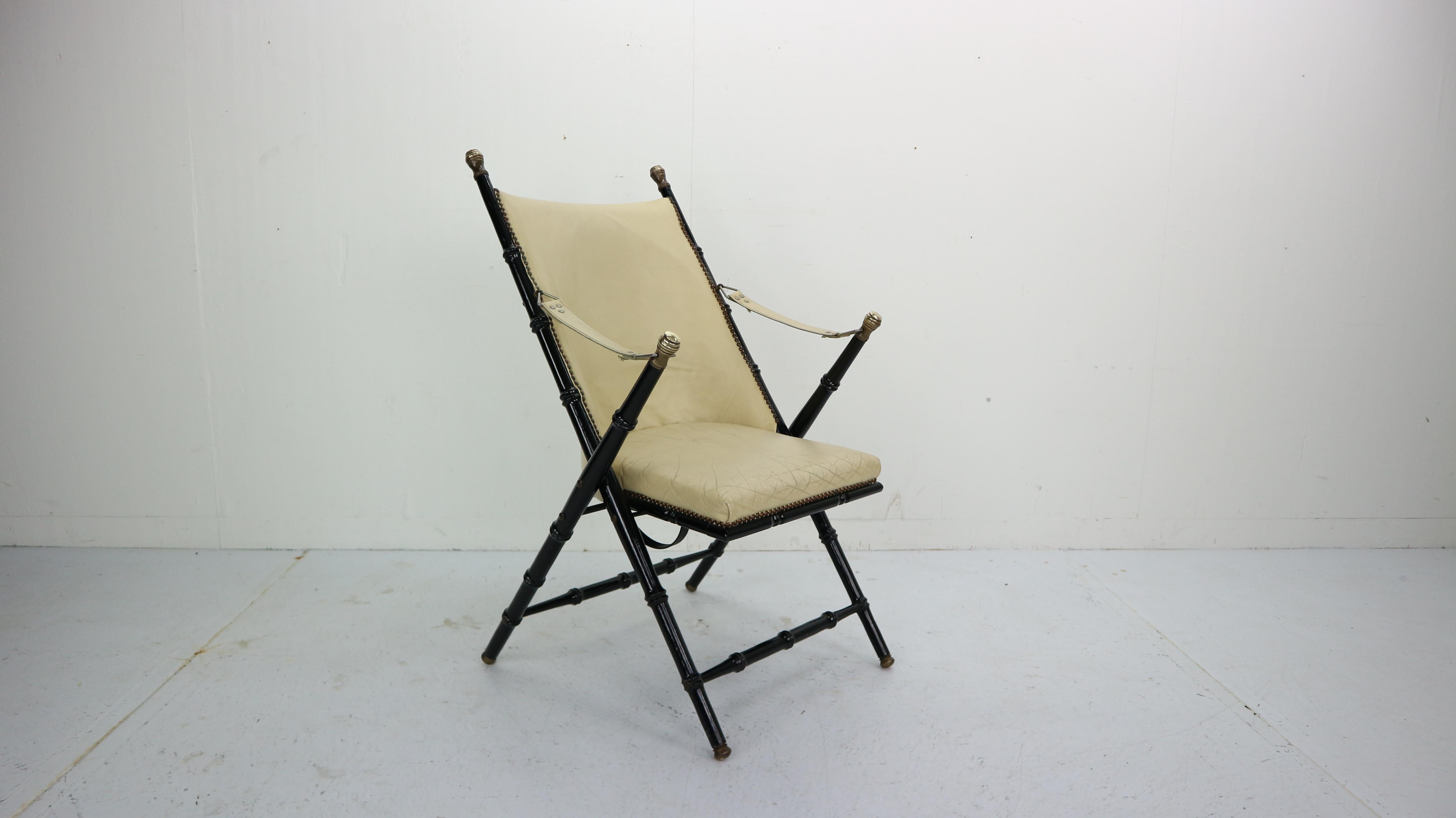 Mid-Century Modern Midcentury Campaign Folding Chair in Leather by Valenti, 1970s