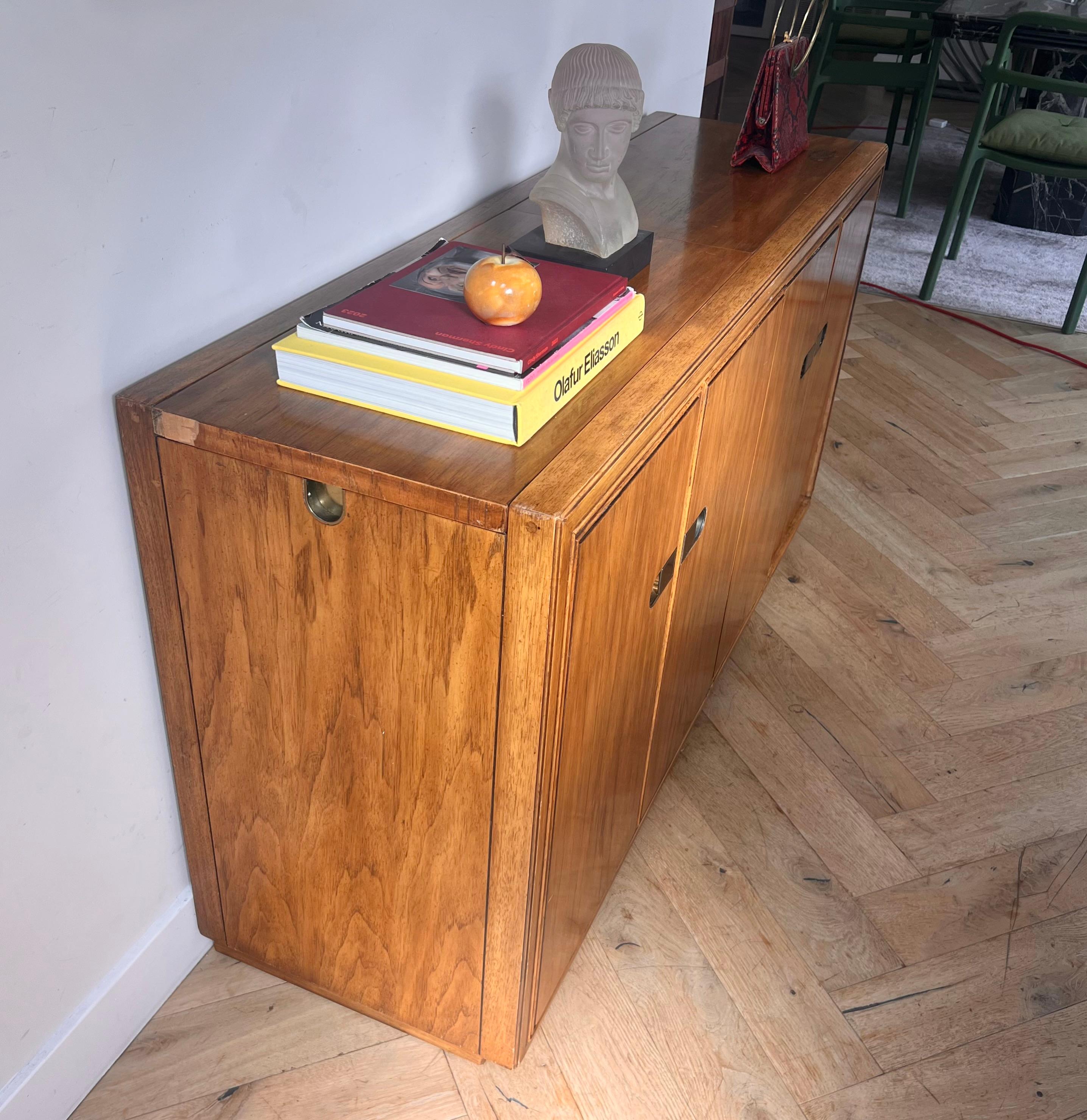 American Mid century campaign pecan wood sideboard by Drexel, circa 1970 For Sale