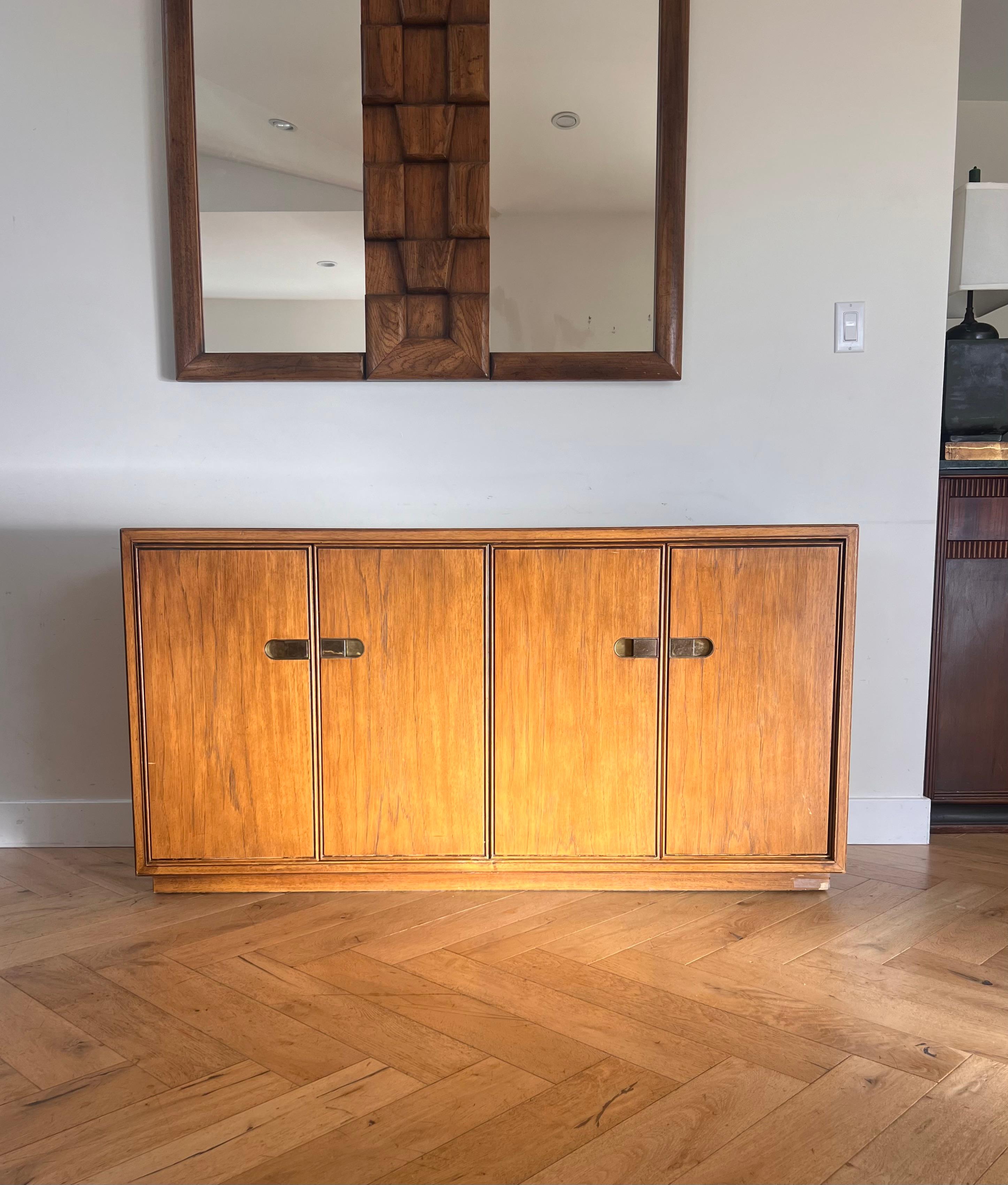 Mid century campaign pecan wood sideboard by Drexel, circa 1970 In Good Condition In View Park, CA