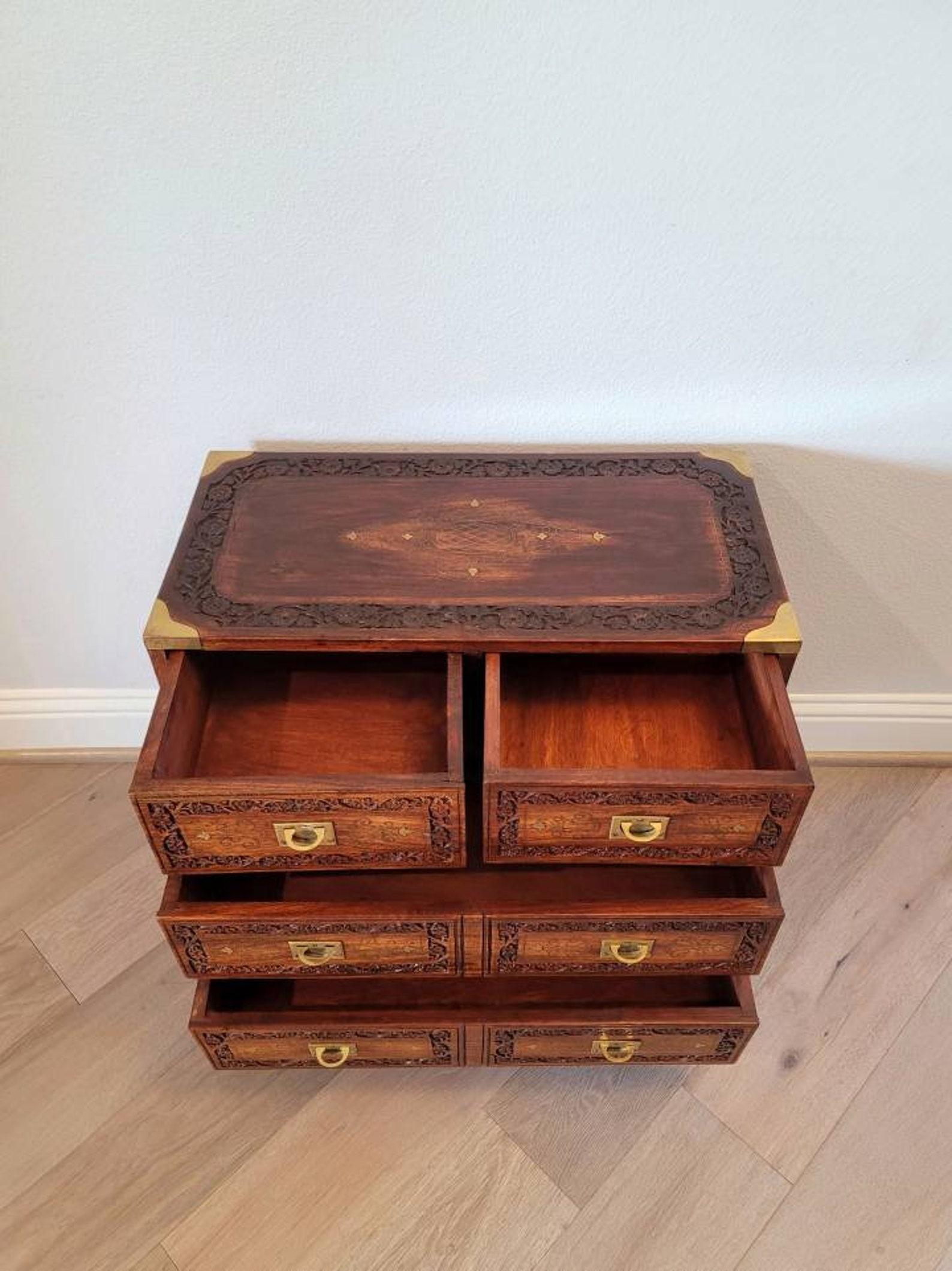 Hand-Carved Mid-Century Campaign Style Anglo-Indian Rosewood Chest of Drawers