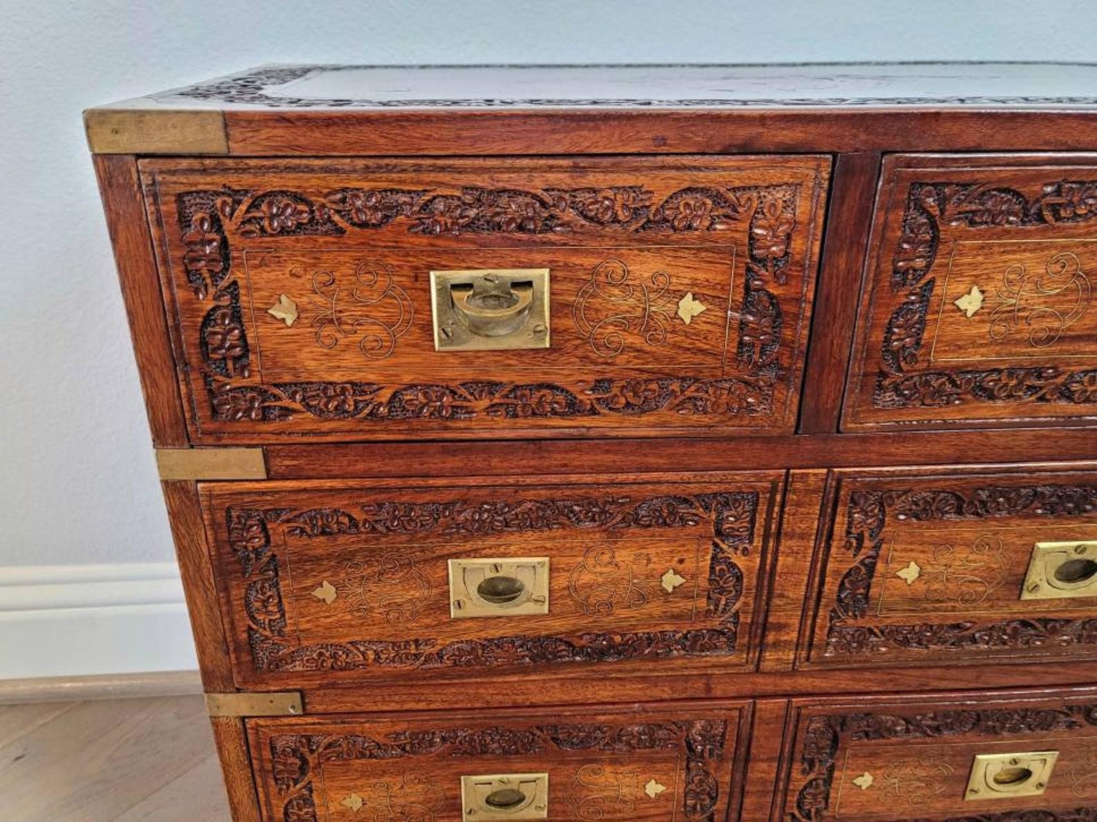 Brass Mid-Century Campaign Style Anglo-Indian Rosewood Chest of Drawers