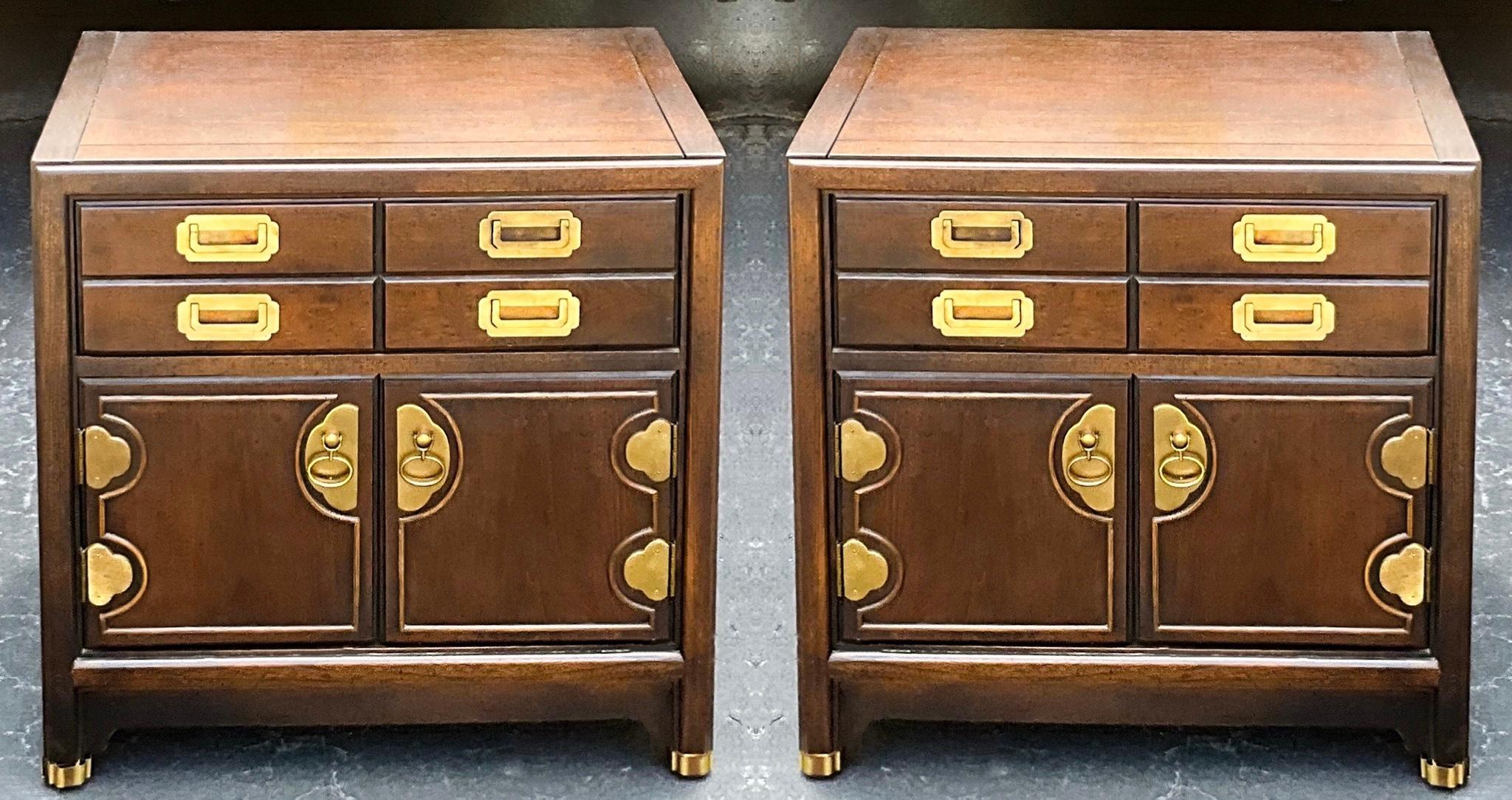 Timeless appeal! This is a pair of campaign style nightstands by Old Hickory Furniture. They are marked, and it is a single drawer over open space. 