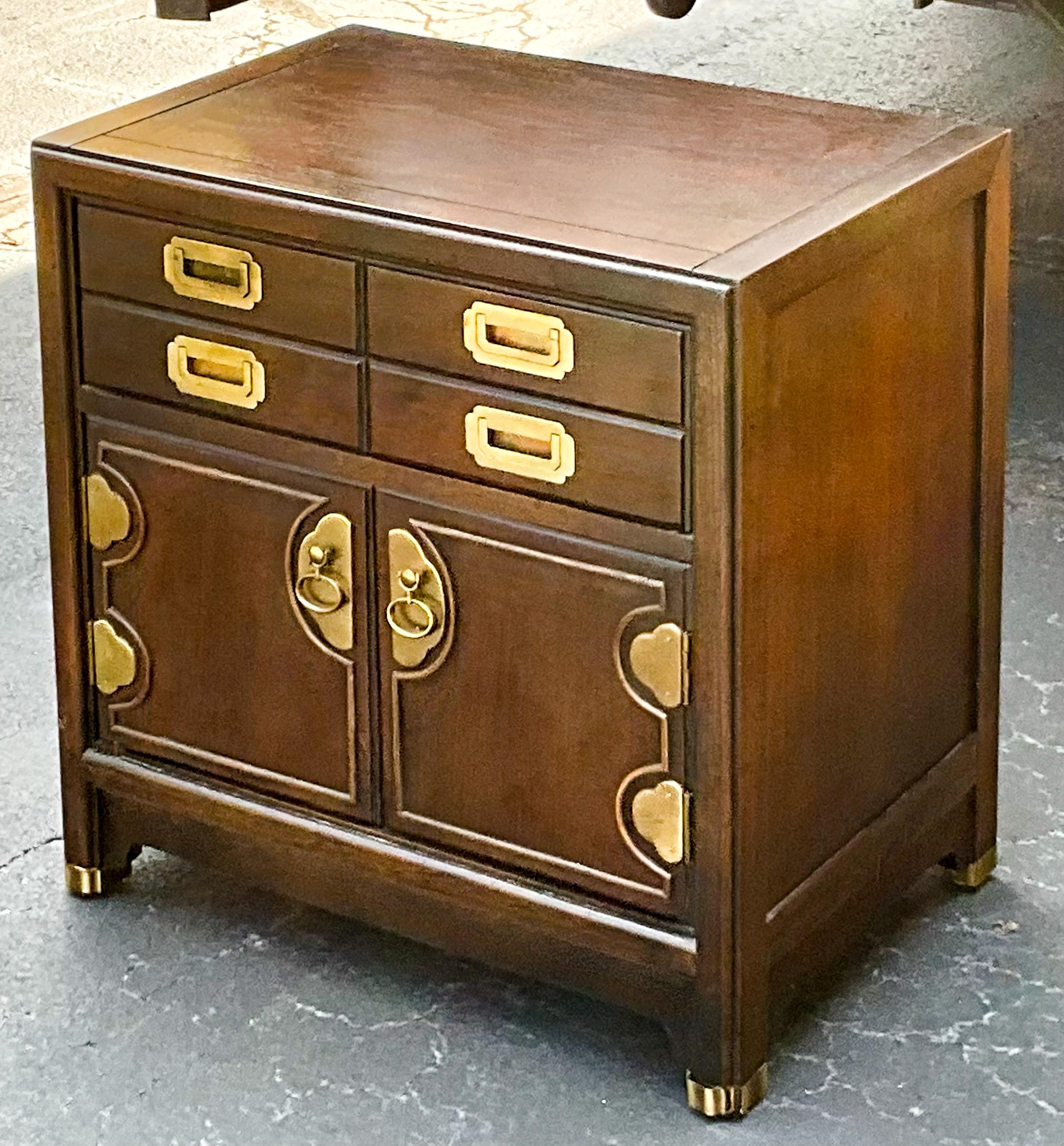 20th Century Mid-Century Campaign Style Brass & Fruitwood Side Tables / Chests - Pair For Sale