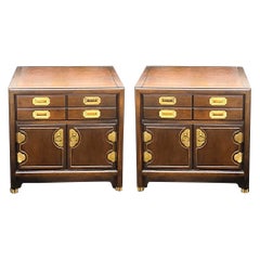 Mid-Century Campaign Style Brass & Fruitwood Side Tables / Chests - Pair