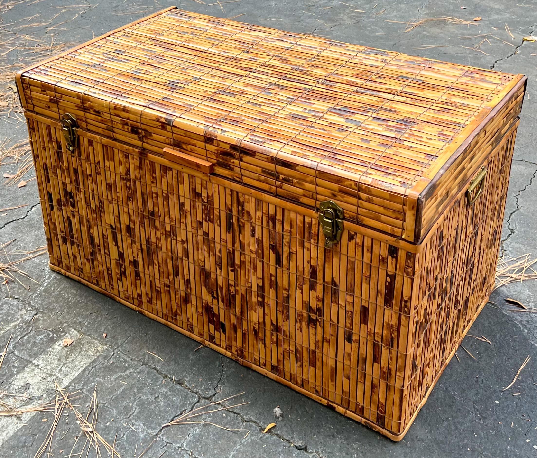 20th Century Mid-Century Campaign Style Burnt Bamboo Trunk / Coffee Table