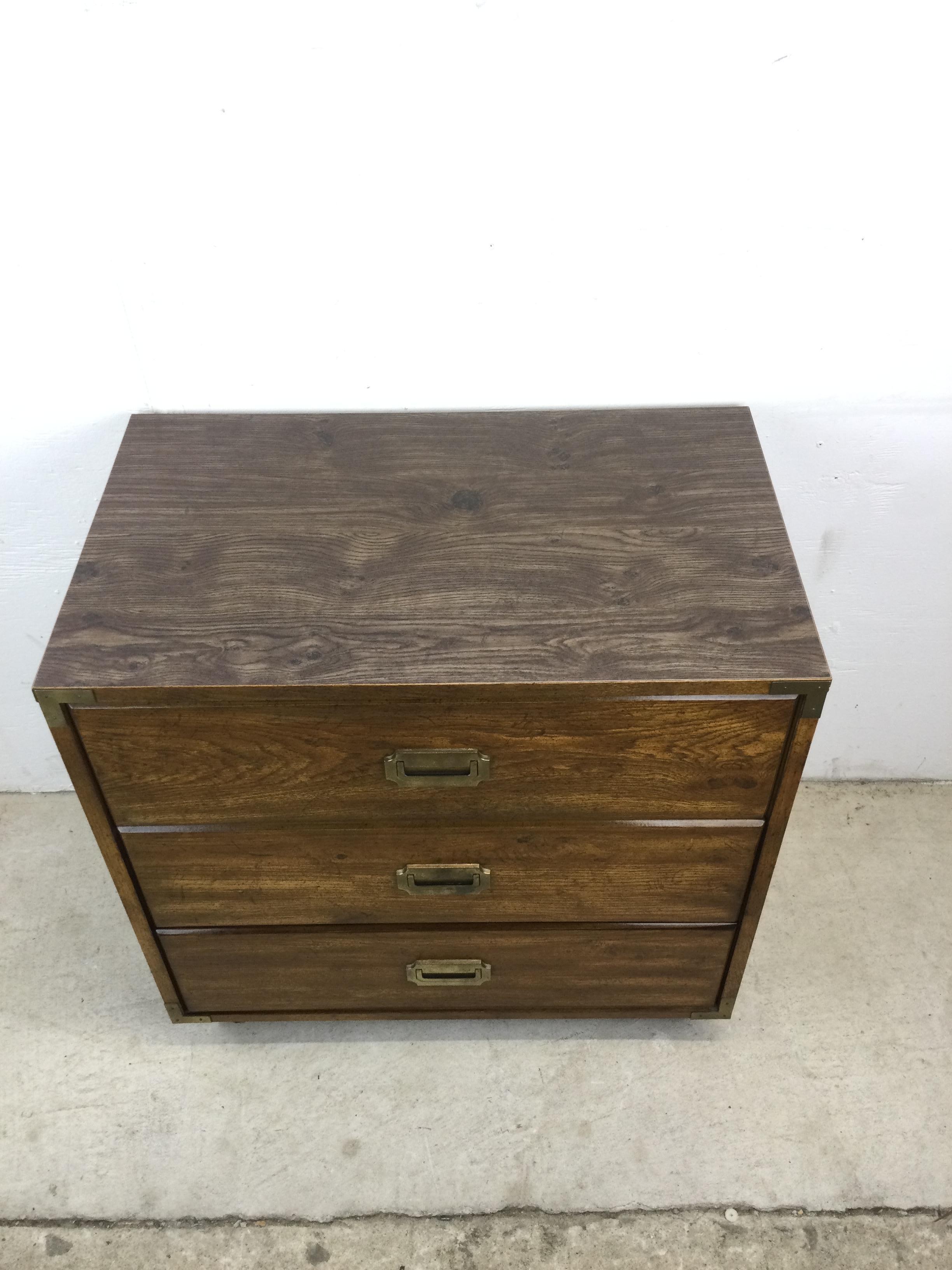 Veneer Mid Century Campaign Style Chest of Drawers with Brass Hardware For Sale