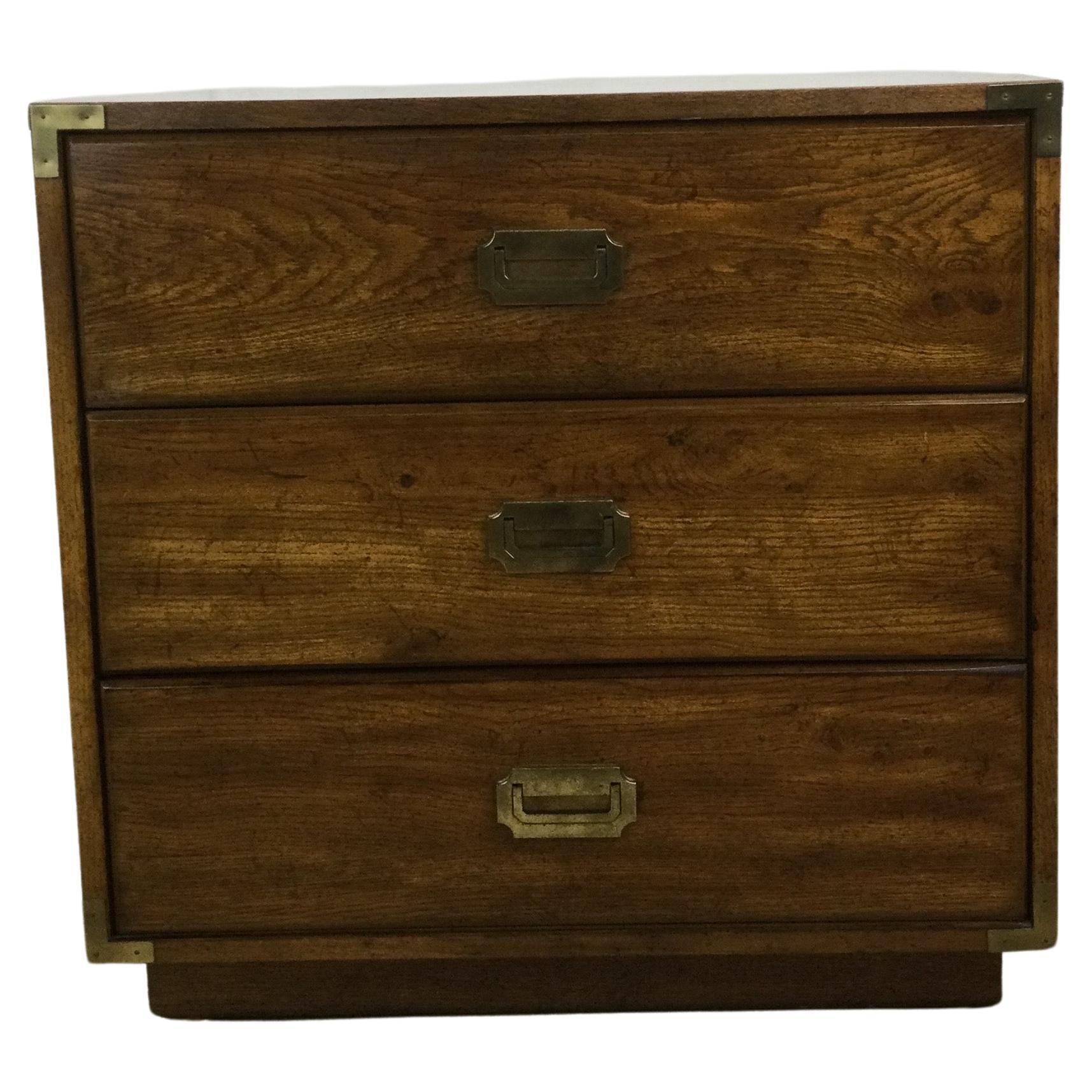 Mid Century Campaign Style Chest of Drawers with Brass Hardware For Sale