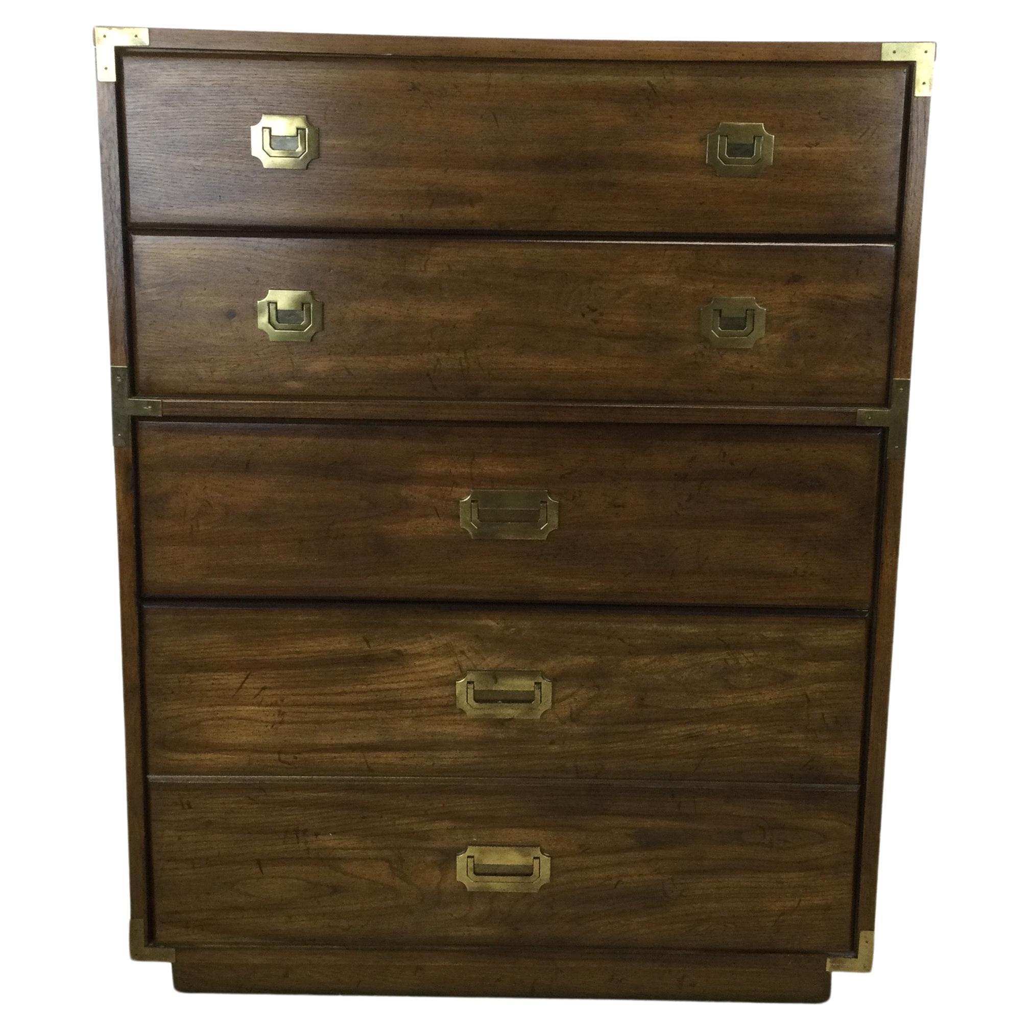 Mid Century Campaign Style Highboy Dresser For Sale