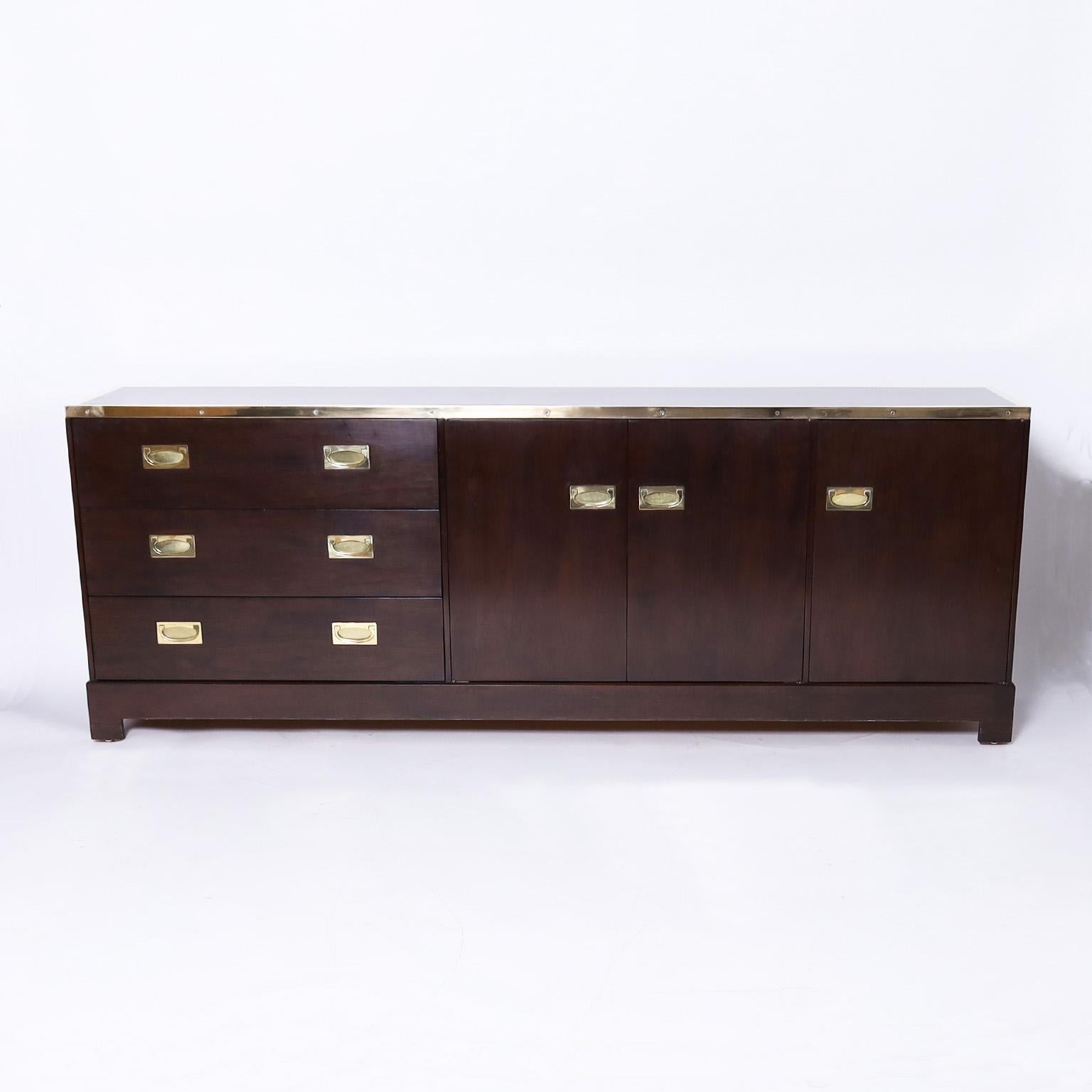 American Mid-Century Campaign Style Long Chest or Cabinet For Sale