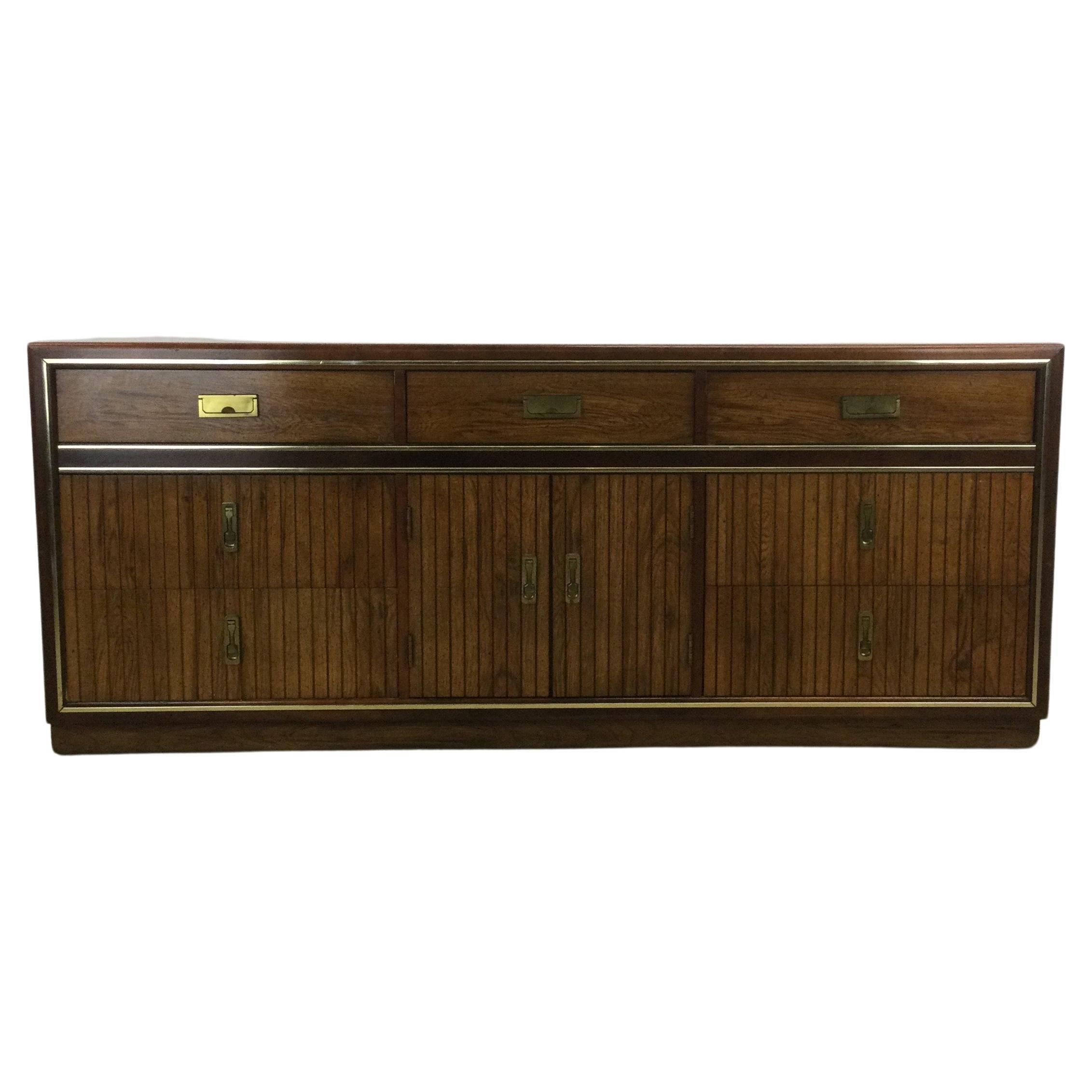 Mid Century Campaign Style Lowboy Dresser by Bassett For Sale