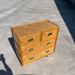 Mid-Century Campaign Style Parquet Woven Bamboo Dresser Chest Drawers