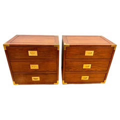 Midcentury Campaign Style Three Drawer Chests Nightstands, Pair