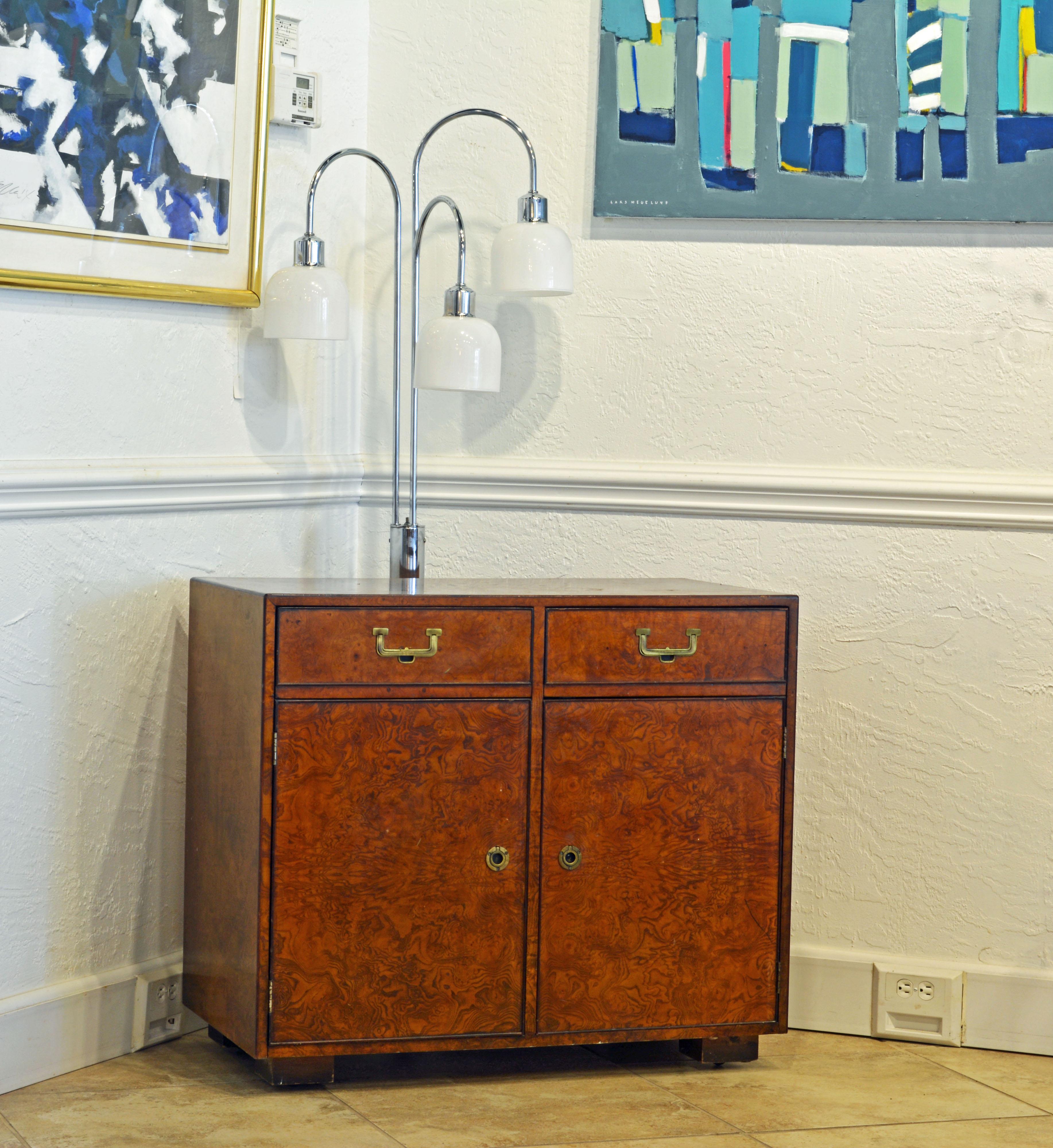 Midcentury Campaign Style Two-Drawer Burled Walnut Cabinet by John Widdicomb 4