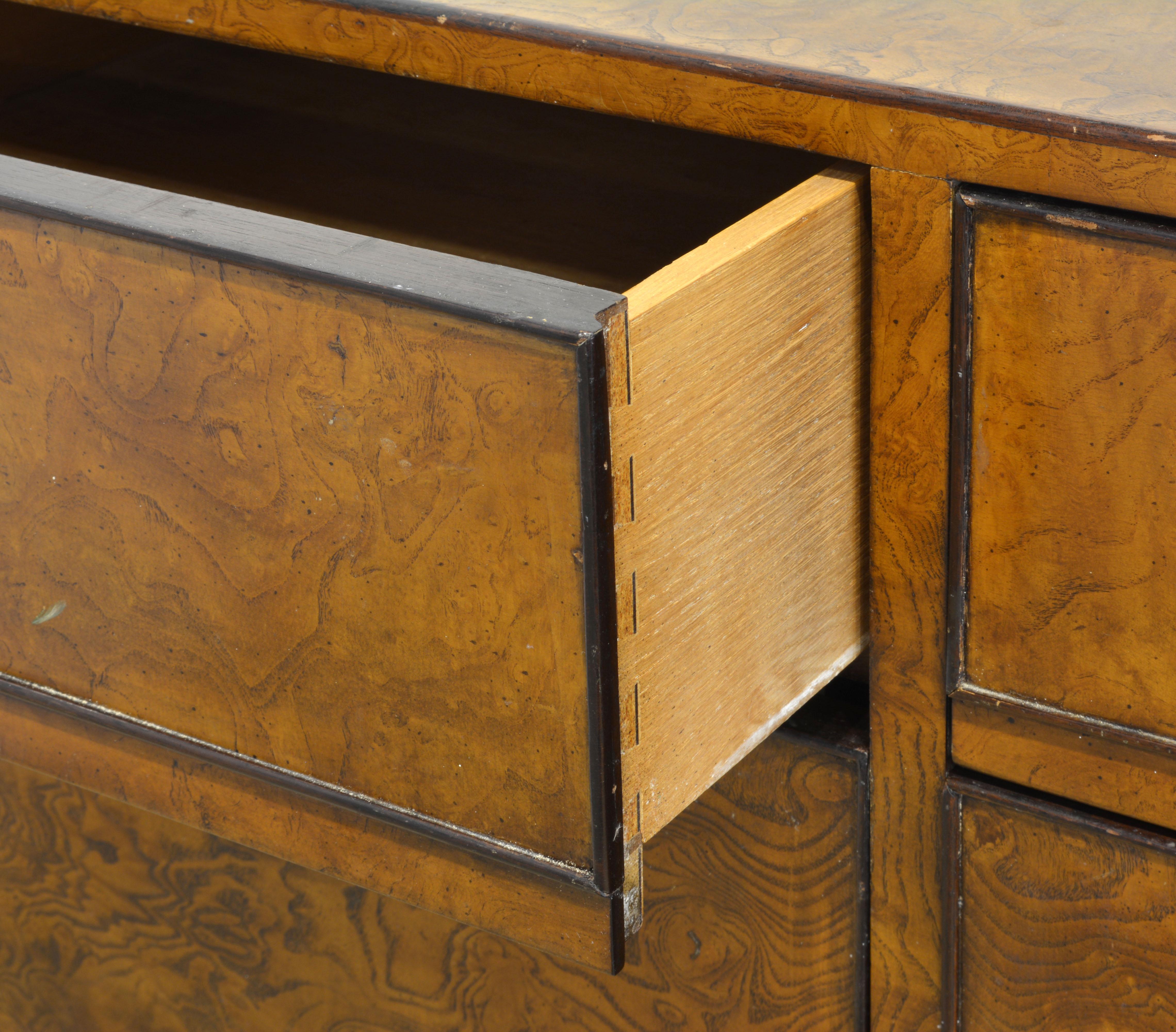 Mid-Century Modern Midcentury Campaign Style Two-Drawer Burled Walnut Cabinet by John Widdicomb