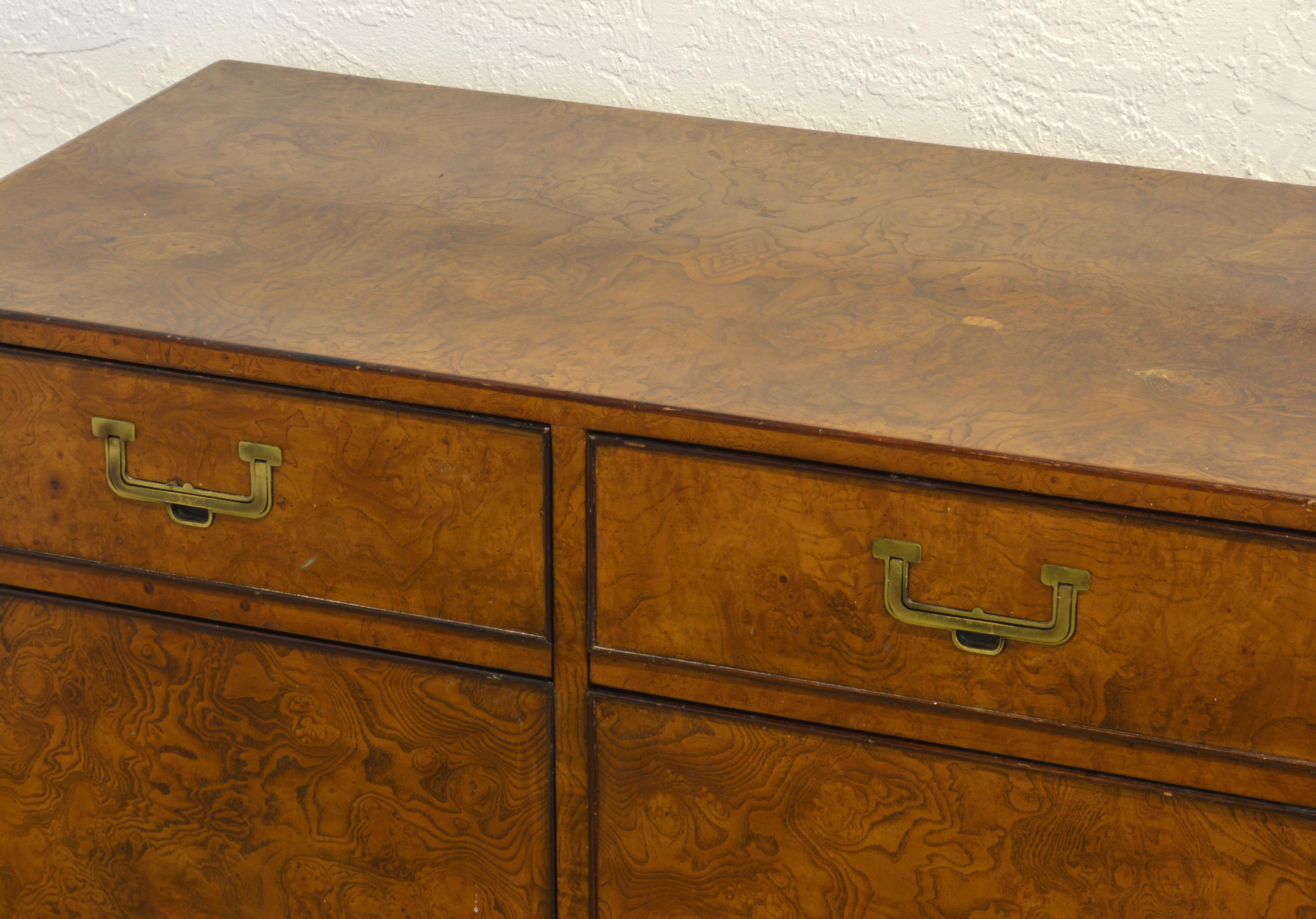 Midcentury Campaign Style Two-Drawer Burled Walnut Cabinet by John Widdicomb In Good Condition In Ft. Lauderdale, FL