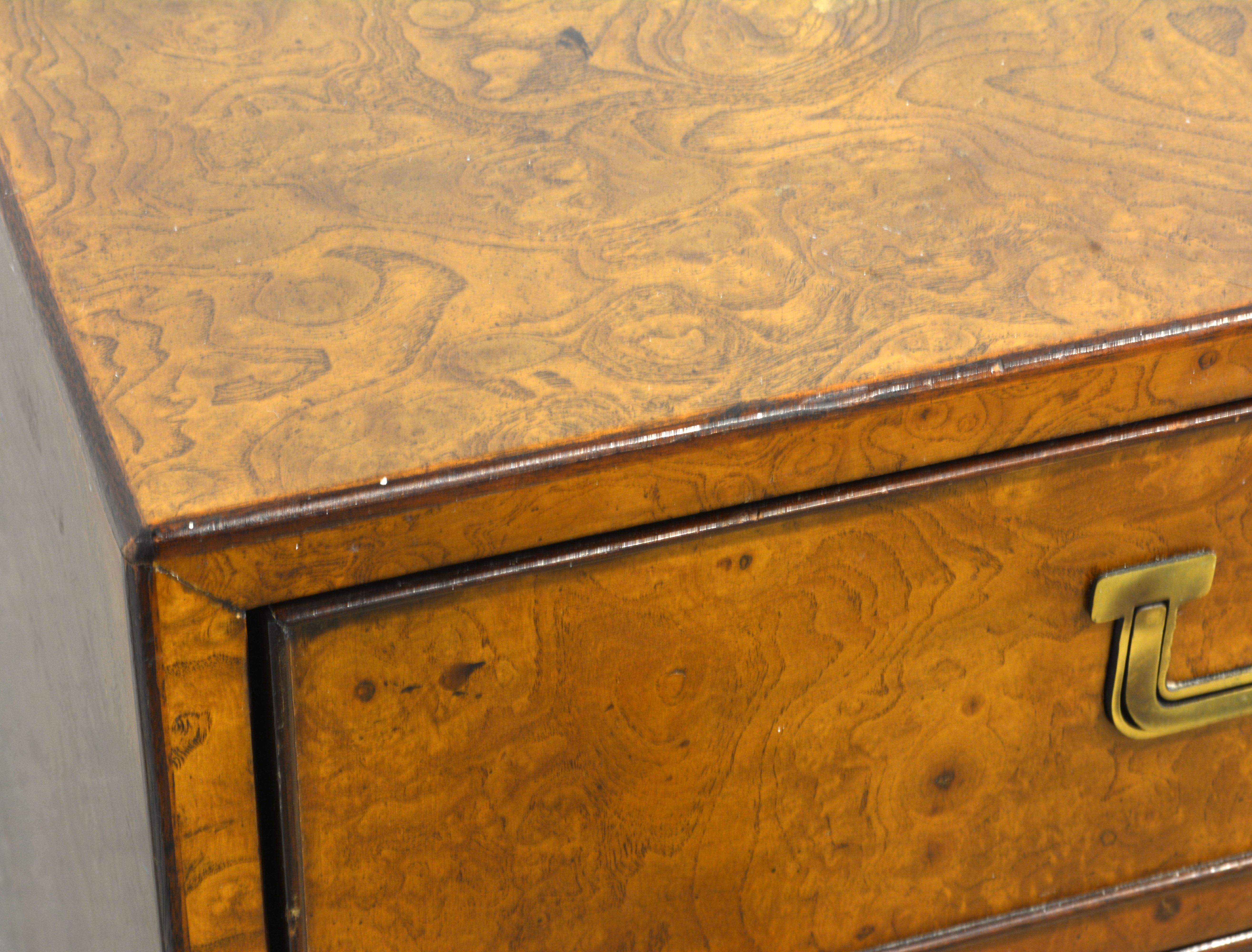 Brass Midcentury Campaign Style Two-Drawer Burled Walnut Cabinet by John Widdicomb