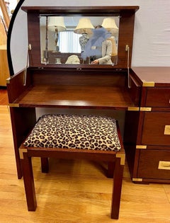 Midcentury Campaign Style Vanity Desk, Chest and Stool