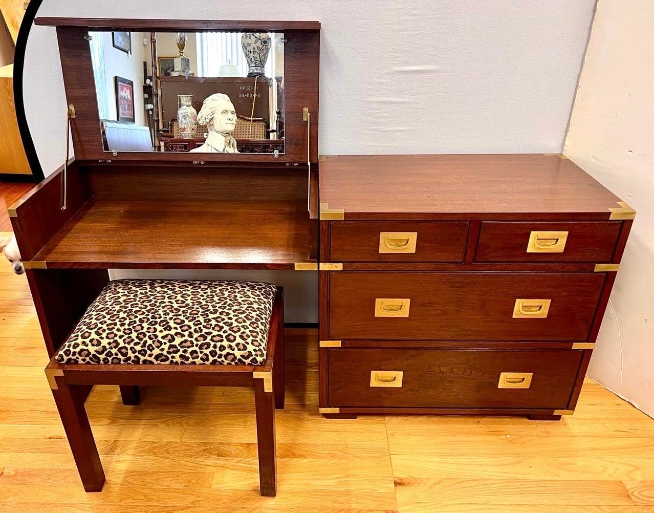 American Midcentury Campaign Style Vanity Desk, Chest and Stool