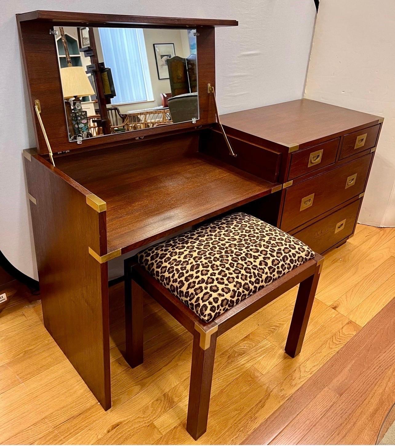 Midcentury Campaign Style Vanity Desk, Chest and Stool 1