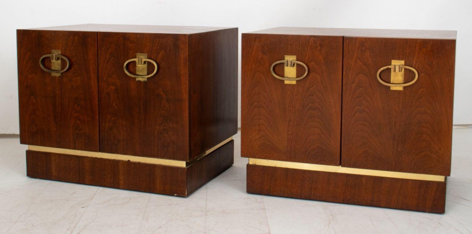 Mid-Century Campaign Style Walnut End Cabinets, 2 In Good Condition For Sale In New York, NY