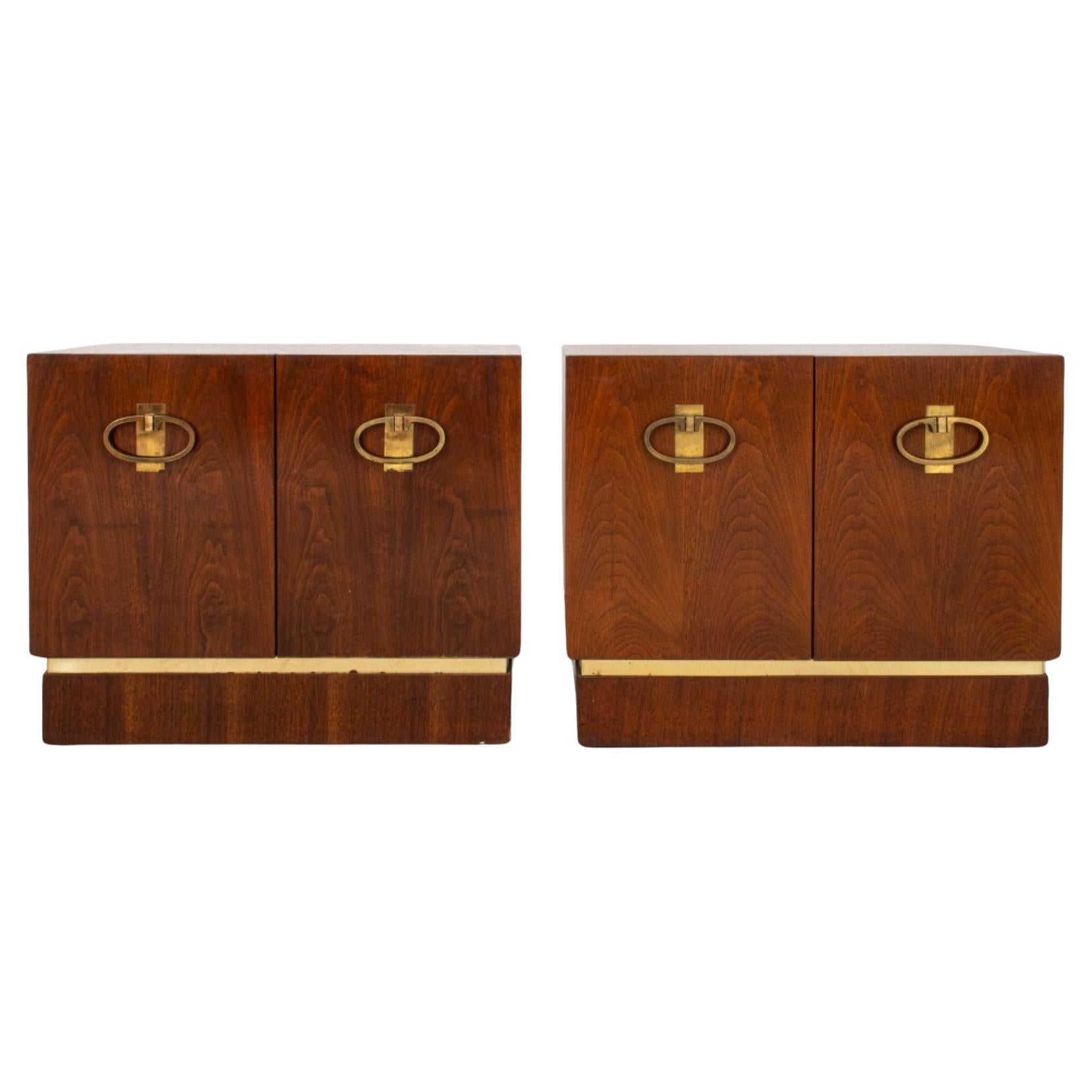 Mid-Century Campaign Style Walnut End Cabinets, 2 For Sale