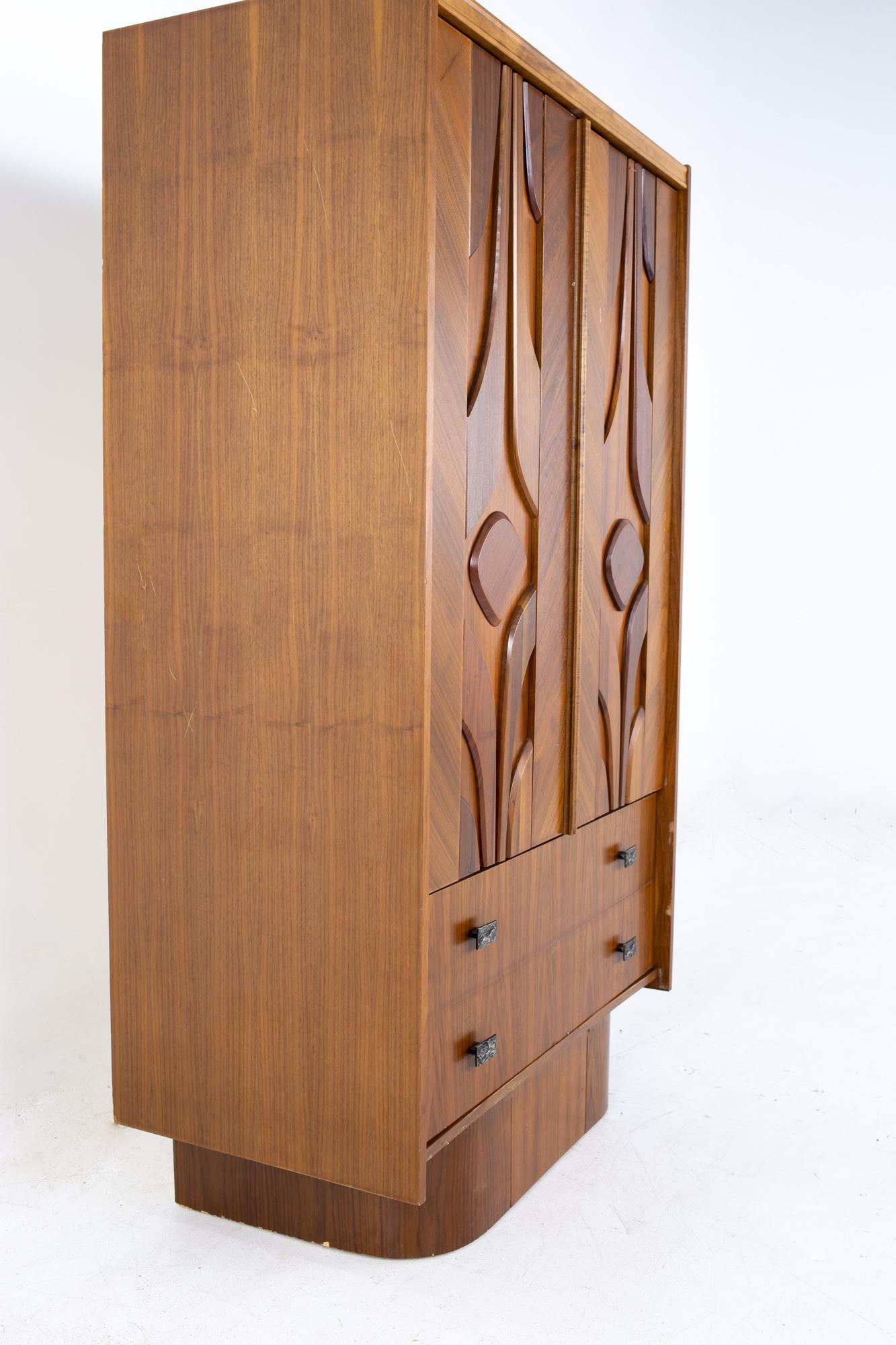 Mid Century Canadian Brutalist Walnut Armoire Highboy Dresser In Good Condition In Countryside, IL