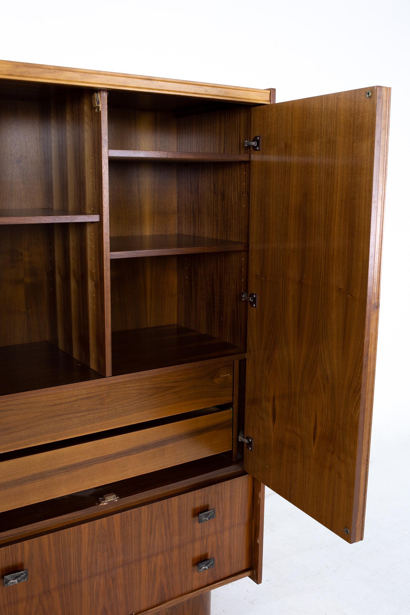 Metal Mid Century Canadian Brutalist Walnut Armoire Highboy Dresser