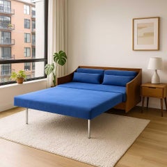 Mid-Century Canadian Teak Pull-Out Sofa Bed in Blue Upholstery, 1970s