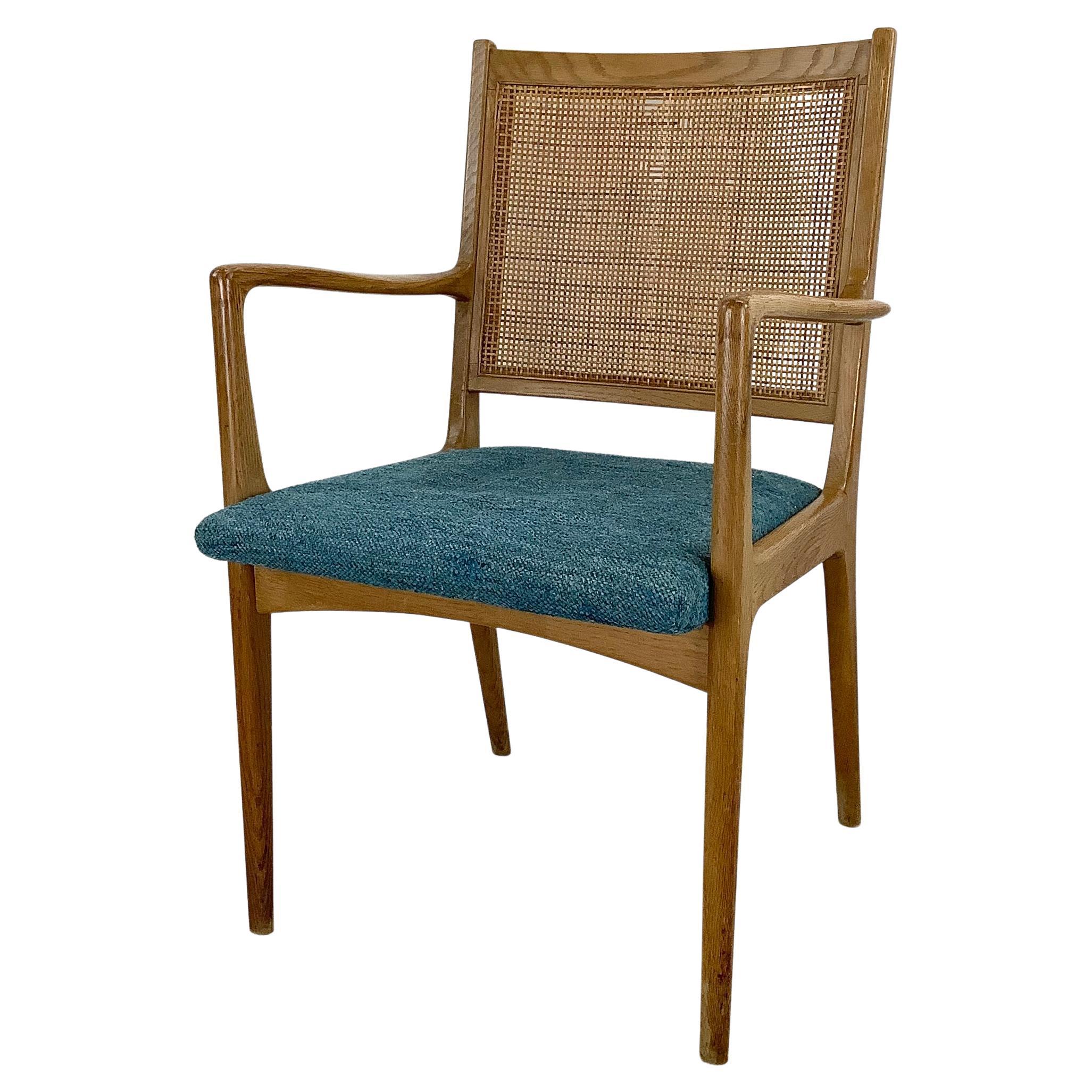 Mid-Century Cane Back Armchair With Upholstered Seat For Sale