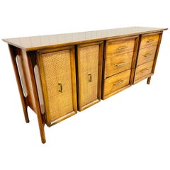 Mid-Century Cane Door Walnut Triple Dresser