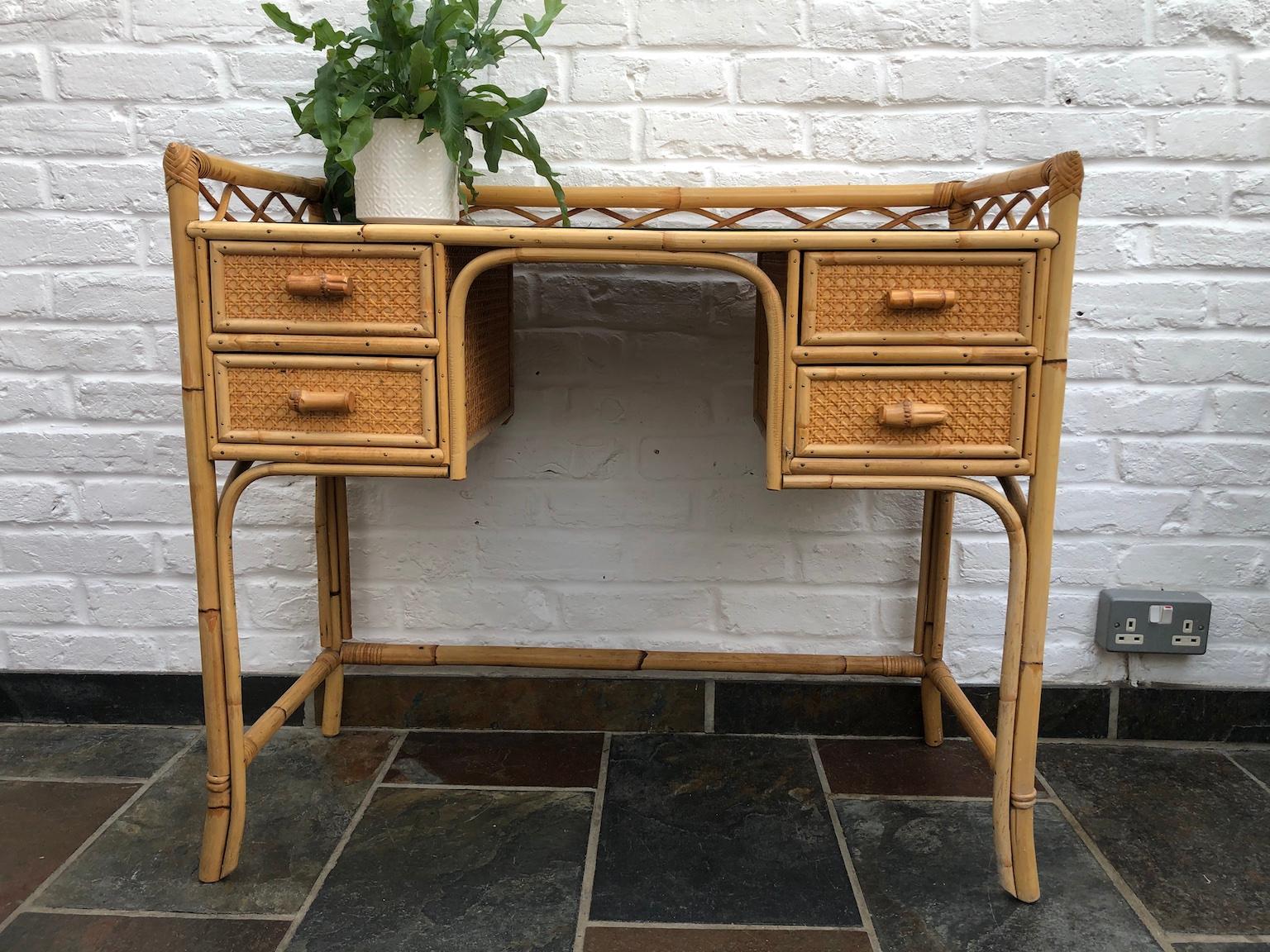 MidCentury Rattan Cane Dressing Table / Desk, Stool and Mirror Set, Eng. 1970s 1