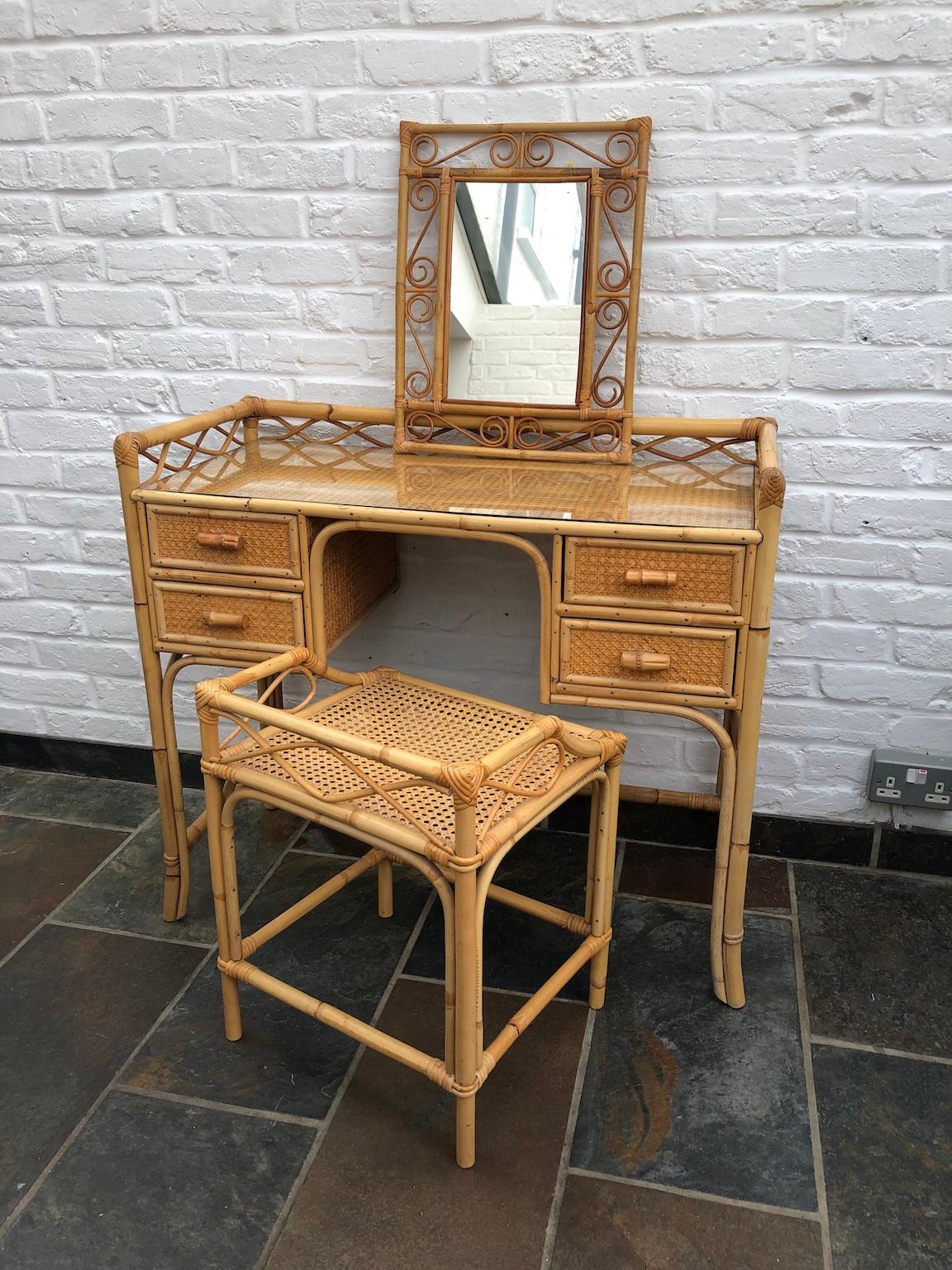 MidCentury Rattan Cane Dressing Table / Desk, Stool and Mirror Set, Eng. 1970s 6